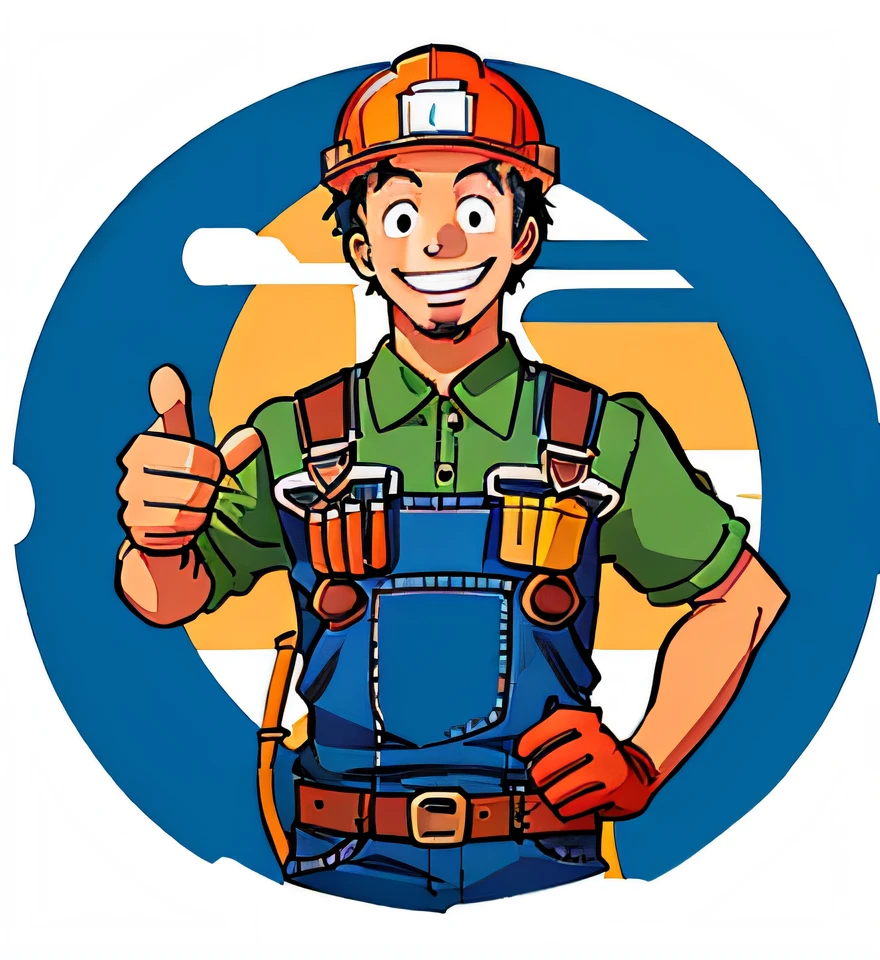 A cartoon man in a hard hat gives a thumbs up, professional illustrations, Coveralls, high quality illustration, wearing plumber uniform, Coveralls, svg illustration, Professional illustration, civil engineer, high quality portrait, professional profile picture, Vector illustration, clip art, hd illustration, engineer, thumb up, Professional artwork, front poses, white bg, Mechanic