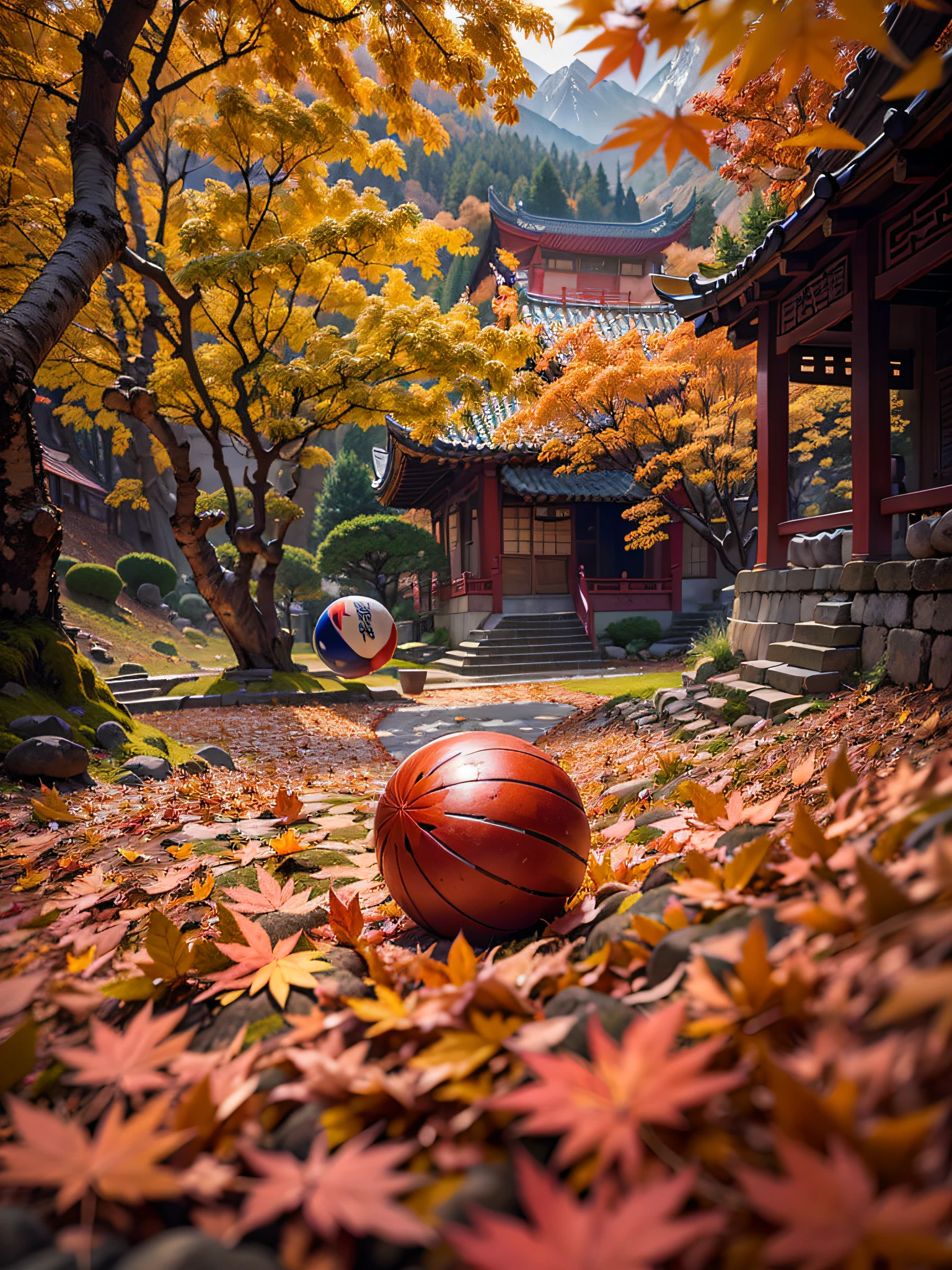 a ball, On the ground full of maple leaves, Surrounded by mountains and forests, Maple trees everywhere, China-style, Antique atmosphere, f/1.2, Sony FE GM, cinematic lighting, Surrealism, Hyperrealism, Romanticism, Classicism, cinematic lighting, masterpiece, high details, highres, high quality, masterpiece, high details, super detail
