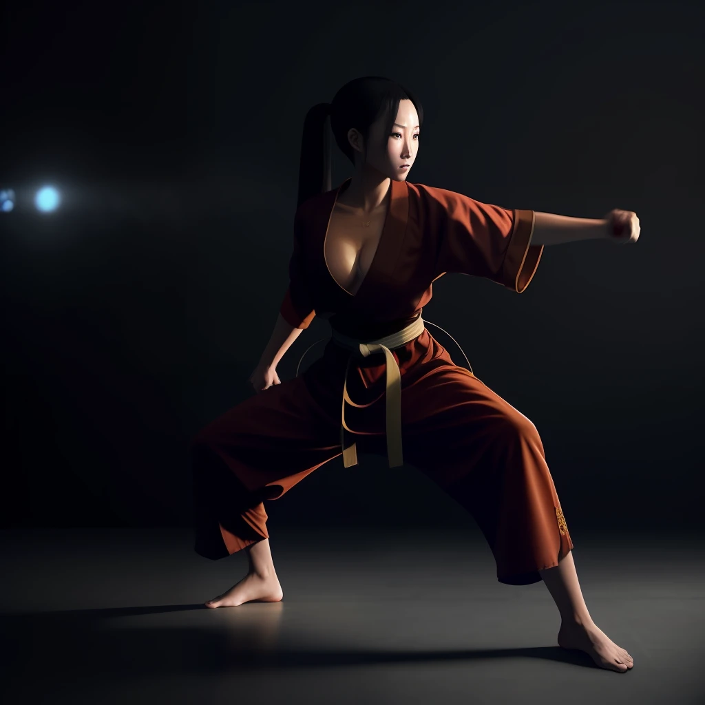 Shaolin Female Monk, Long hair in the wind, the anime, Art, Artstation, revealing clothes, cleavage, pectorals, Average Breasts,, Powerful, Masterpiece, intricately-detailed, Fantasy, Magic, martial arts, fight, In action,  Put, Mystic, Brutal, fight, Berserk, Rage, anger, HD, 8K, (rim light:1.4)