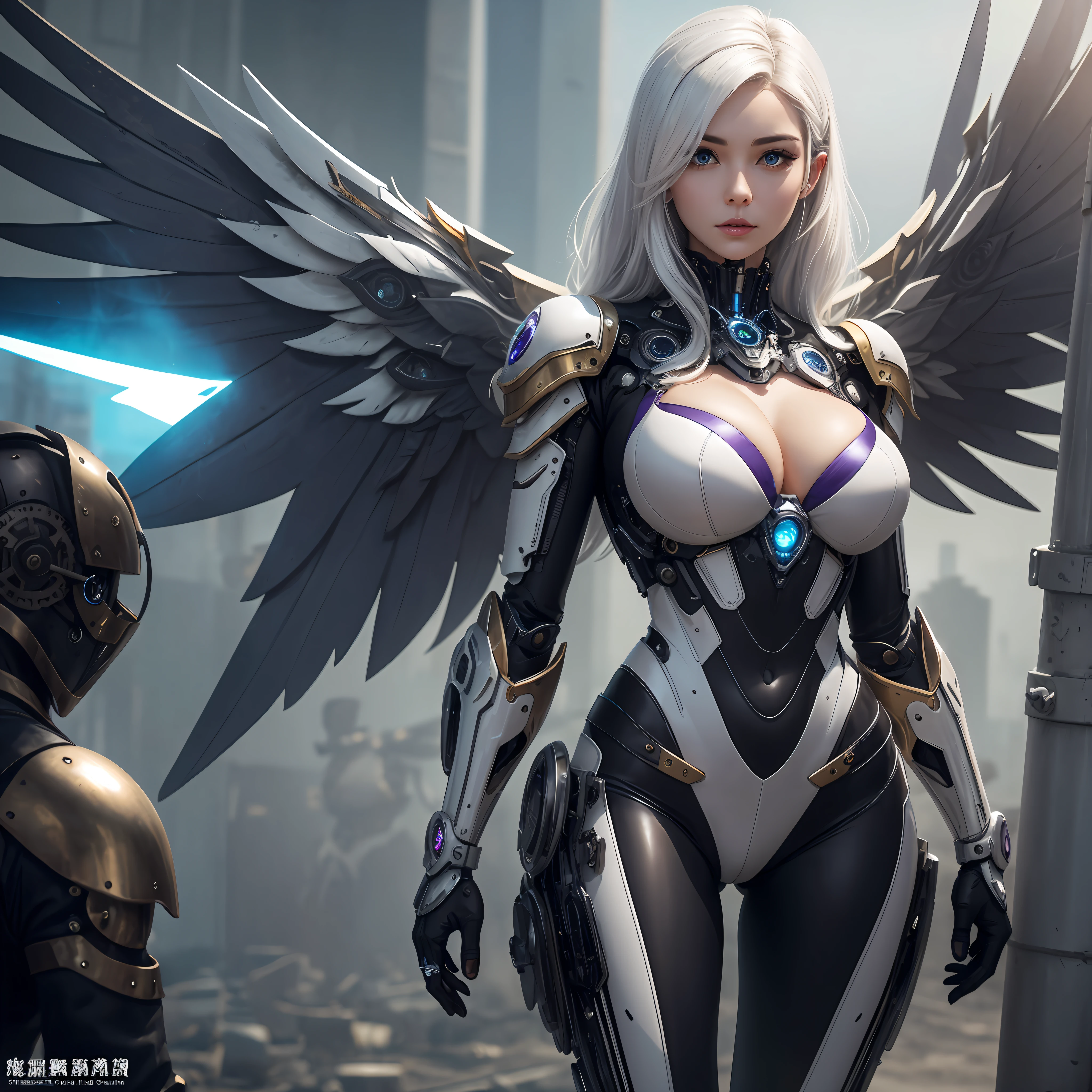 white hair、long fluttering hair、strong breeze、a purple eye、radiant eyes、Mechanical Angel、large metal wings、Circle of Shining Angels、Steampunk Girl、Colossal tits、The face and chest are alive、Cleavage is visible。photoRealstic、portfolio、White Latex Suit、White porcelain body、Steampunk Metal Mecha Suit、Combat cyborg、Sumerian details、metalic、detailed mechanical components、Bundle of thin tubes、Metal cylinder、Detailed neon、Fine LED、Fine parts、cowboy shot、character edge light、