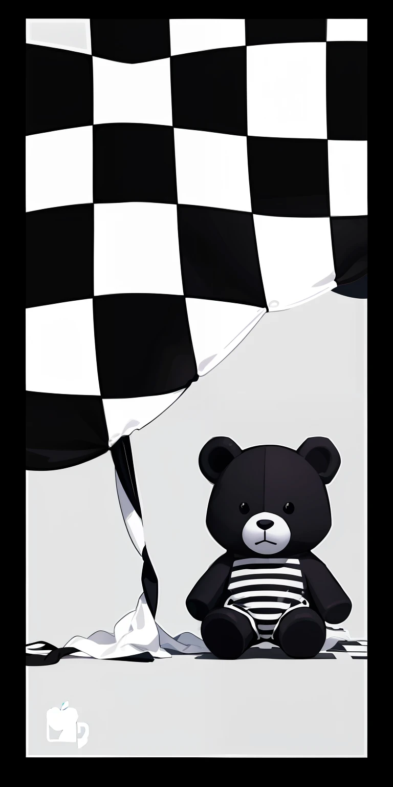 There is a black and white photo,It is a teddy bear with a checkered flag, black and white vector art, made in adobe illustrator, Created in Adobe Illustrator, made with illustrator, iPhone background, iphone 15 background, phone background, Wallpaper phone, iphone wallpaper, black and white vector, Only black and white, Line Art - N 9, monochrome artwork!!