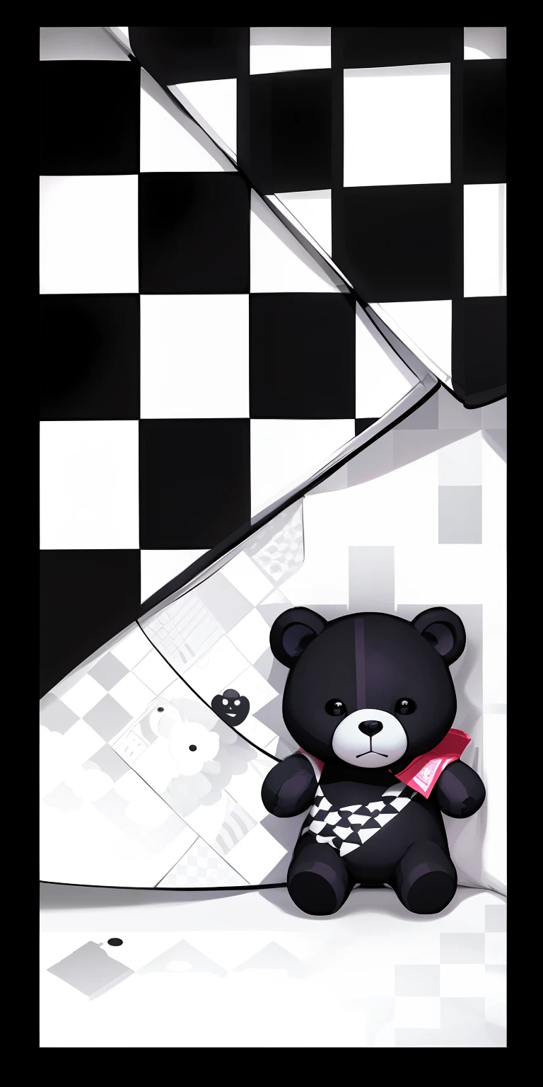 There is a black and white photo,It is a teddy bear with a checkered flag, black and white vector art, made in adobe illustrator, Created in Adobe Illustrator, made with illustrator, iPhone background, iphone 15 background, phone background, Wallpaper phone, iphone wallpaper, black and white vector, Only black and white, Line Art - N 9, monochrome artwork!!