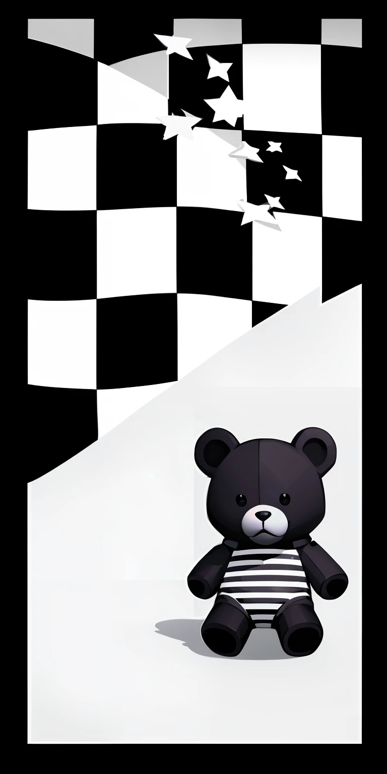 There is a black and white photo,It is a teddy bear with a checkered flag, black and white vector art, made in adobe illustrator, Created in Adobe Illustrator, made with illustrator, iPhone background, iphone 15 background, phone background, Wallpaper phone, iphone wallpaper, black and white vector, Only black and white, Line Art - N 9, monochrome artwork!!