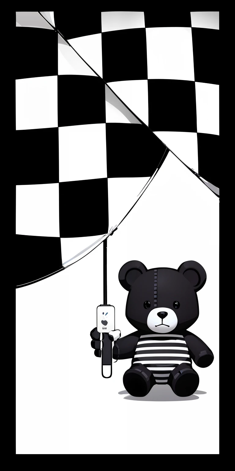 There is a black and white photo,It is a teddy bear with a checkered flag, black and white vector art, made in adobe illustrator, Created in Adobe Illustrator, made with illustrator, iPhone background, iphone 15 background, phone background, Wallpaper phone, iphone wallpaper, black and white vector, Only black and white, Line Art - N 9, monochrome artwork!!