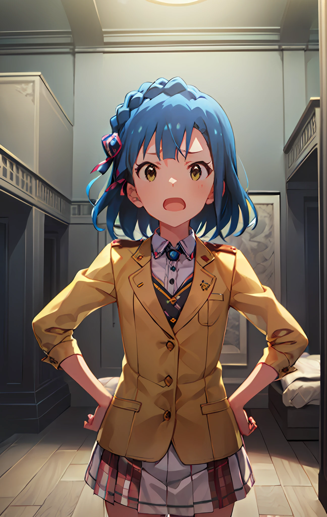 yuriko nanao (million live). Short stature. white t-shirts.Skirt.(((masterpiece))).(((best quality))).((Ultra-detailed))).(((illustratio))). (((put hands on the hip))).(((a room))).(((make a fist))).(((up chest))).Despair face.((short-hair)).((Medium chest)).((Opening Mouth)).((Look at viewers))