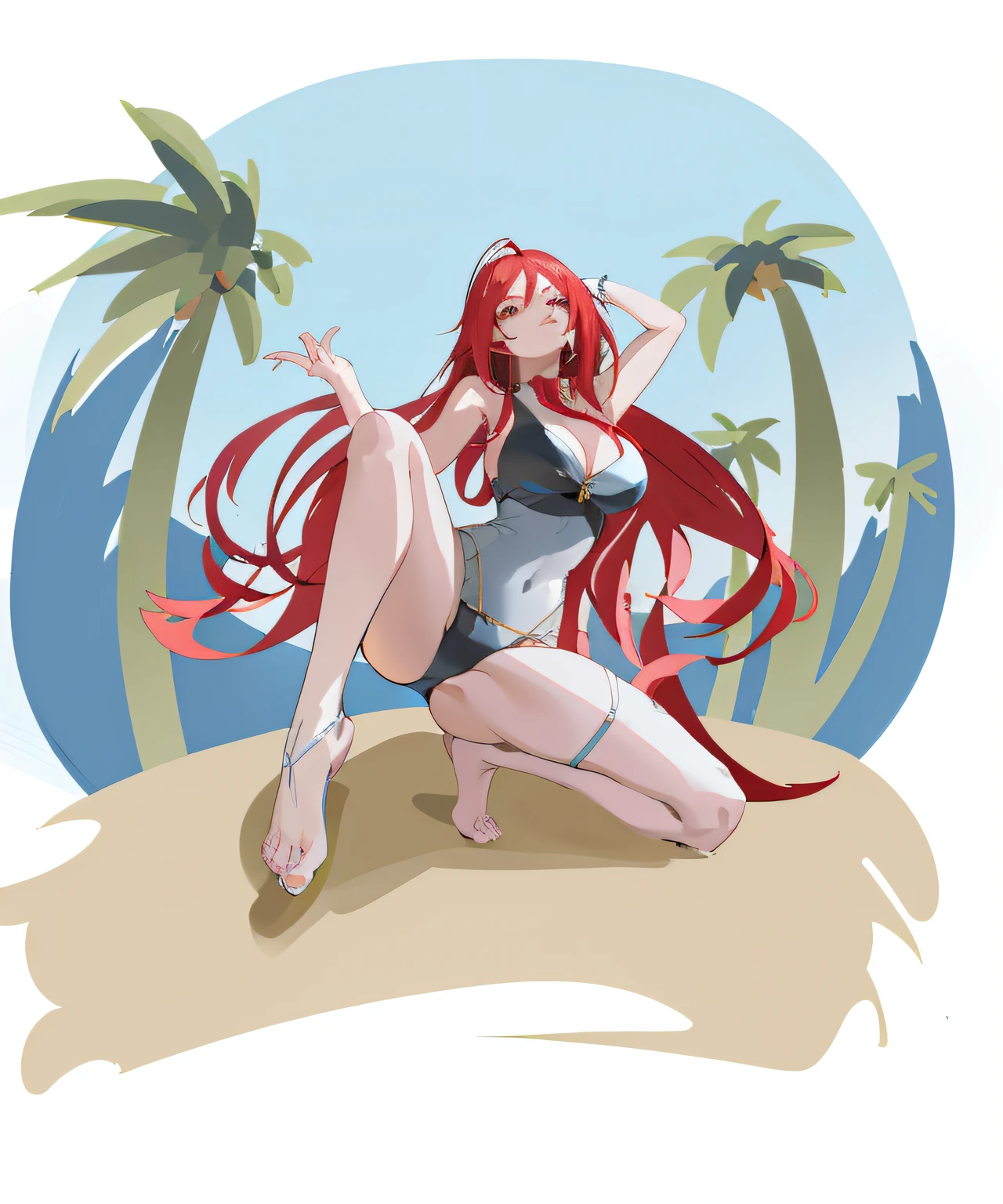 Anime girl sitting on the beach，Palm trees in the background, On a beach, On a sunny beach, erza scarlet as a real person, in the beach, Digital anime art!!, commission for high resolution, Pisif Contest Champion, Pisif, red haired goddess, on  the  beach, beautiful anime girl crouching, on  the  beach, rias gremory --auto