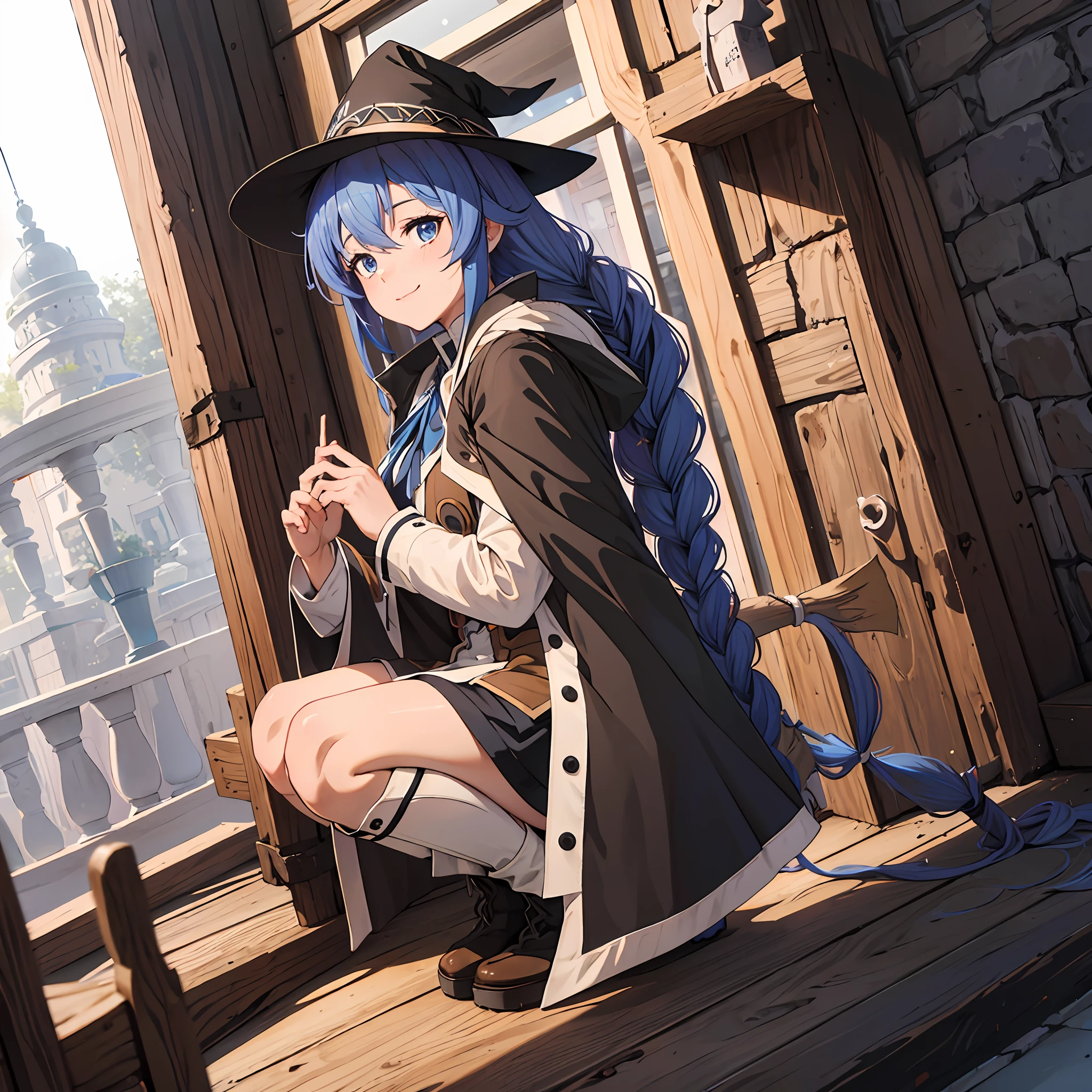 nsfw 1 girls, Roxy Migurdia, Witch Hat, Blue eyes, Blue hair, Twin braids, Twin-tailed, (Brown coat:1.1), Cape, robe, braided ponytails, knee boots, Witch, Holding, , Black socks, Hair Ribbon, bow ribbon, Looking at Viewer, sox, Smile, Closed mouth, plein air, Sun,, (masutepiece:1.2), hight resolution, Best Quality, 8K, Very Very Clear(((,crouching down　Panchira)))++　　beauty legs