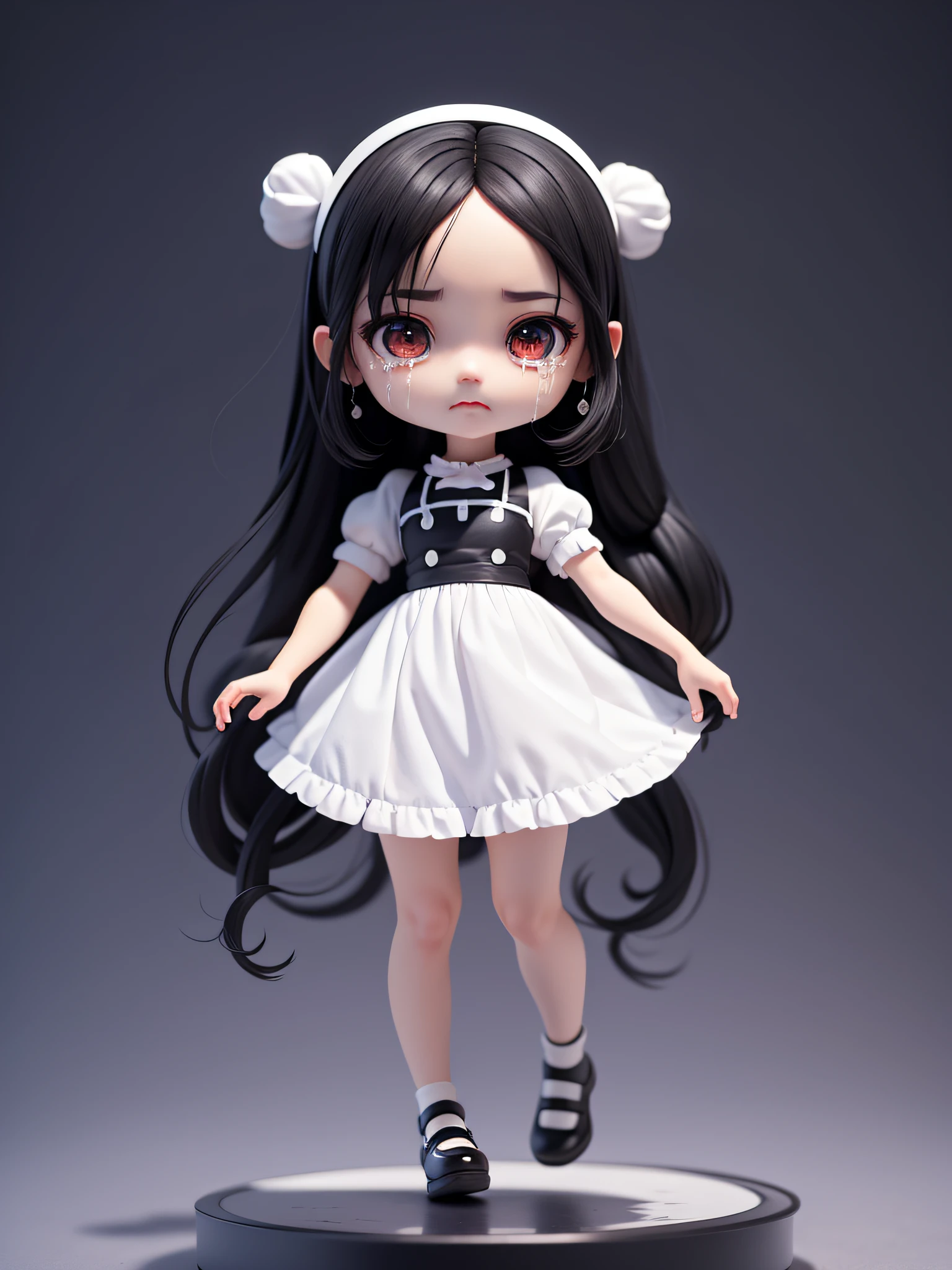 (​masterpiece)、(top-quality)、(full body:1.2)、crying, a very cute and beautiful chibi anime girl, straight black hair, black eye, white cook clothes, simple flat background, full body, standing, highly detailed face and eyes, clearly outlined, solo