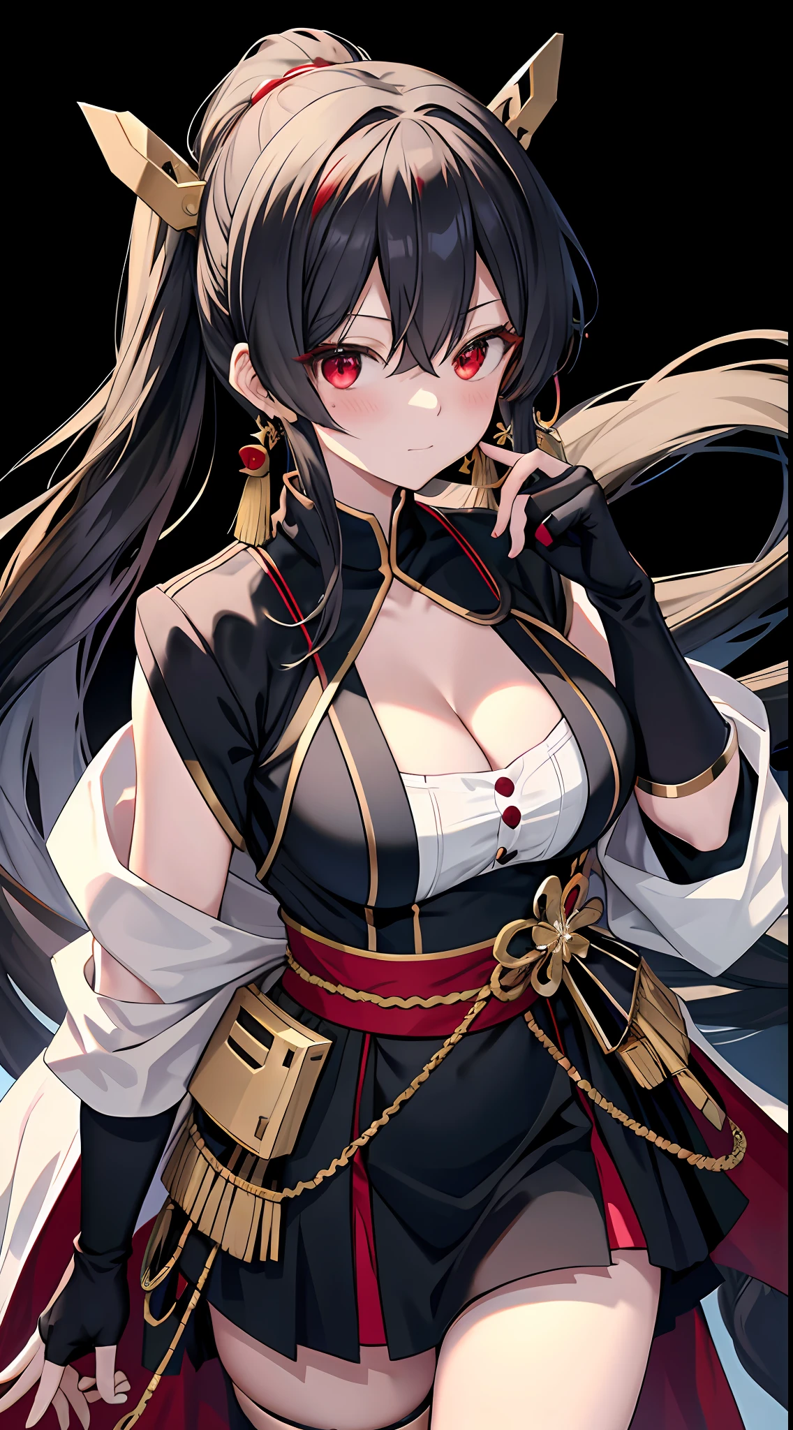 (tmasterpiece,best qualtiy), 独奏, Detailed doujin art,Black dress, 1girll, Breasts, Solo, Long hair, Large breasts, mitts, Black hair, pony tails, Fingerless gloves, cleavage, Red eyes, side locks, Blood,Blush, Black gloves, golden hairband, view the viewer, Simple background, yahagi (kancolle), Earrings, shairband, Cowboy shot, hair adornments, Closed mouth, Very long hair, bangs, hair between eye, Gold earrings, black thighhigns,