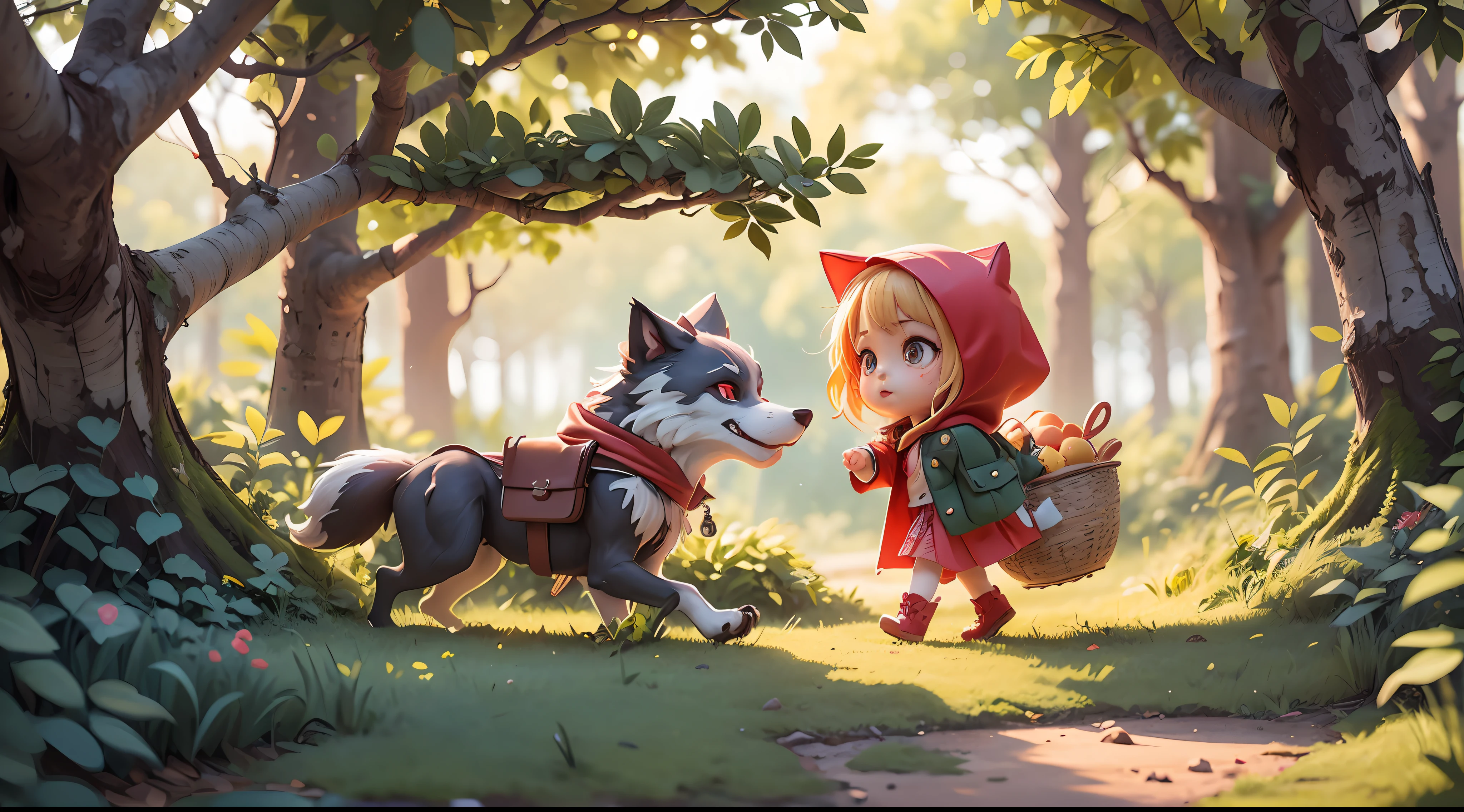 fullbody,chibi,( in red hood playing in the forest), Carrying a basket full of lunch, (In the distance hides a sneaky big bad wolf:1.3), stealthy, Keep drooling, (depth of fields:1.3), Fujicolor, chiaroscuro, blind box toy style, best quality, high details, anatomically correct, textured skin, super detail