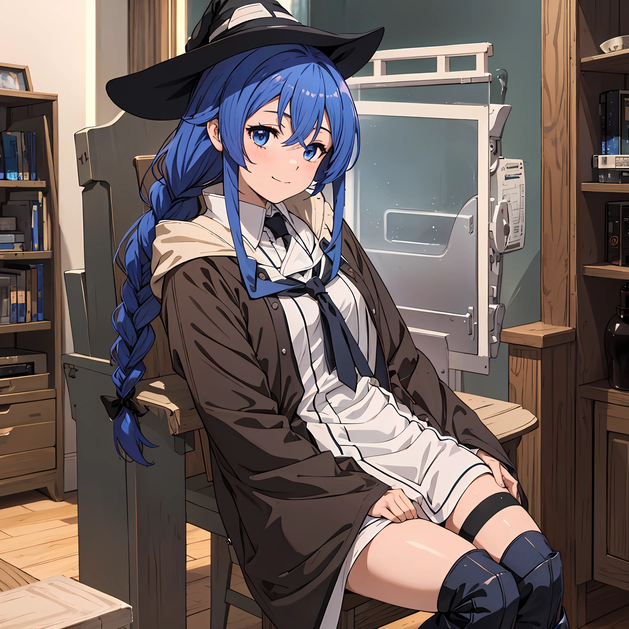 nsfw 1 girls, Roxy Migurdia, Witch Hat, Blue eyes, Blue hair, Twin braids, Twin-tailed, (Brown coat:1.1), Cape, robe, braided ponytails, knee boots, Witch, Holding, , Black socks, Hair Ribbon, bow ribbon, Looking at Viewer, sox, Smile, Closed mouth, plein air, Sun,, (masutepiece:1.2), hight resolution, Best Quality, 8K, Very clear random pose