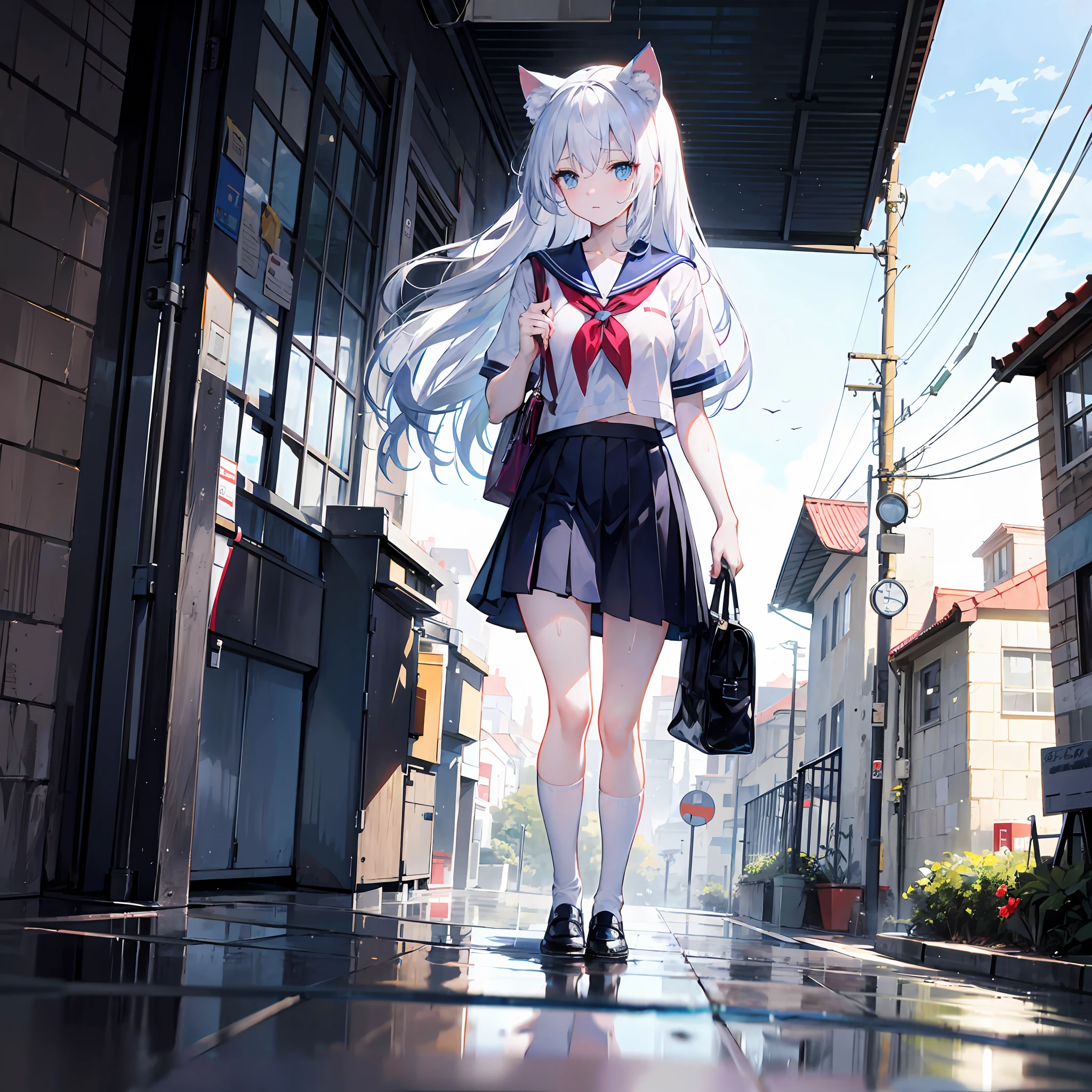 masutepiece,Best Quality,ultra-detailliert,Two hands,Two legs,Five Fingers,best faces,1 girl,Light blue long hair,timid,Cat ears,pale blue eyes, Height 145cm,small tits,Cat tail,Infant face,timid,a sailor suit,white t-shirts,a black skirt,White Socks,Holding a bag in hand,Clothes get wet from sweat,Tired face,School,Walking down the road,heat haze