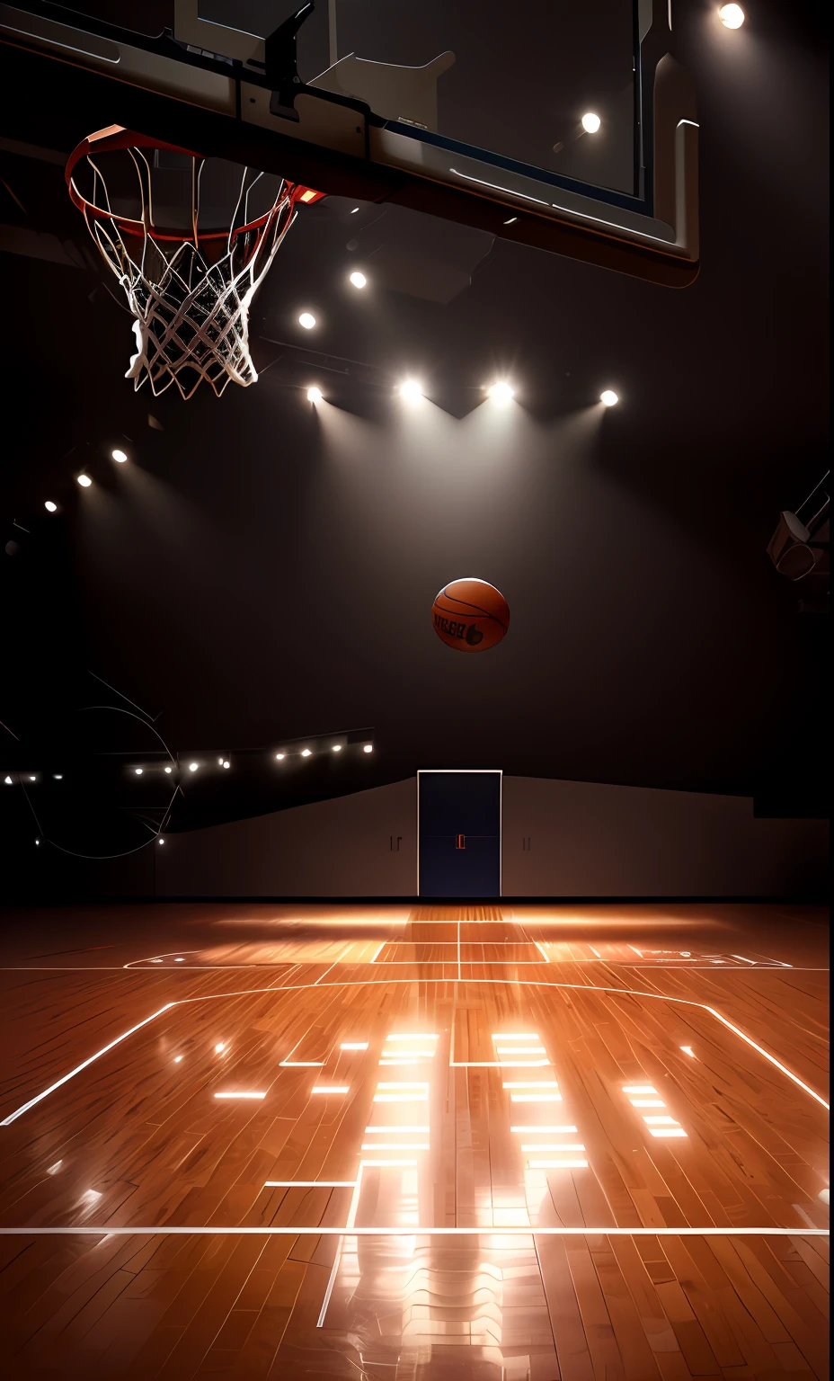 There is a basketball hoop in the middle of the basketball court, rim light and highlights, It was pitch black around the pillars, basketball, basketball playground, volley court background, Edge lights and caustics, arena background, shot on leica, nets, shot on leica sl2, wide wide shot, indoor shooting, breathtaking shot, on black background, in the middle of an arena