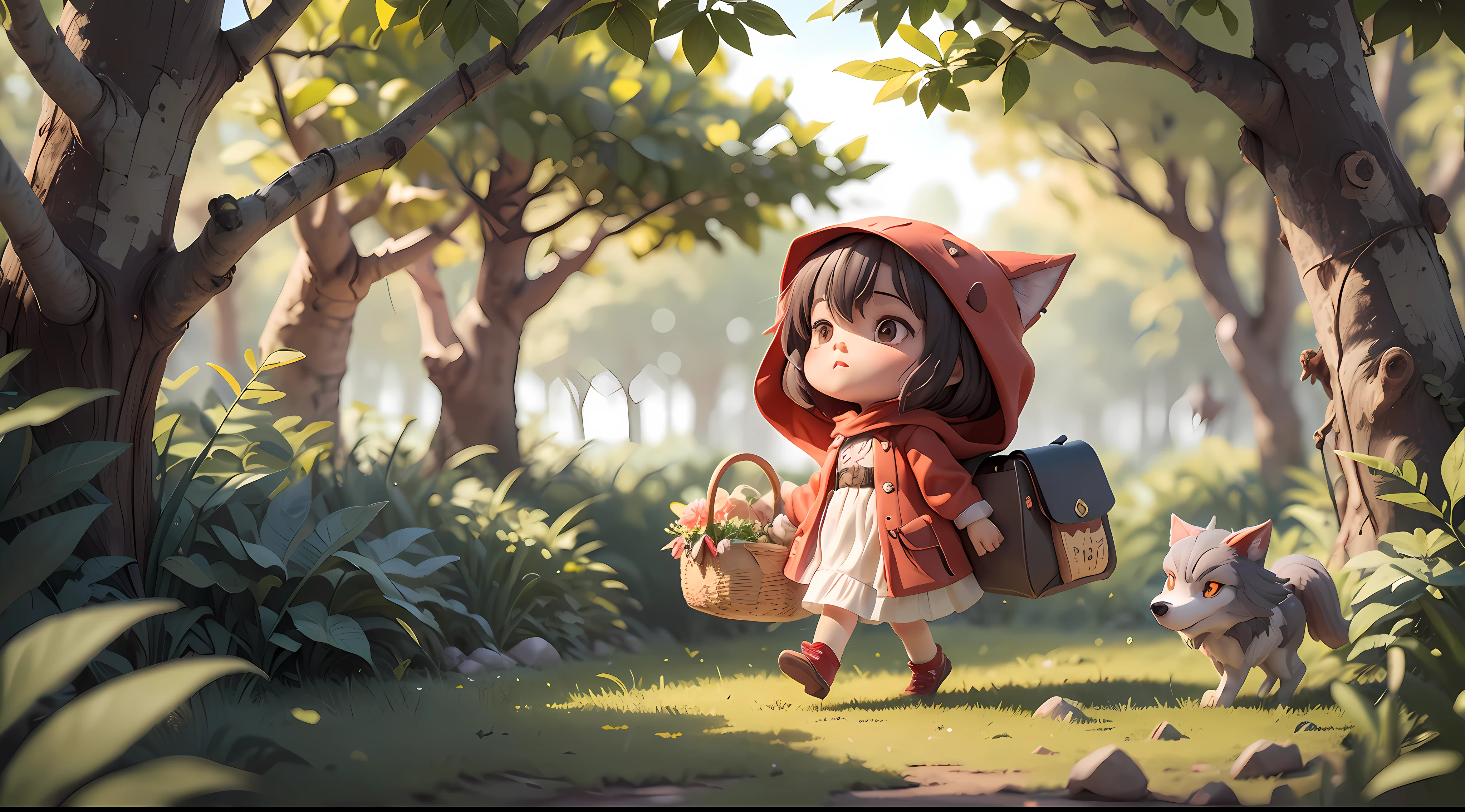 fullbody,chibi,(Little girl in red hood playing in the forest), Carrying a basket full of lunch, (In the distance hides a sneaky big bad wolf:1.3), stealthy, Keep drooling, (depth of fields:1.3), Fujicolor, chiaroscuro, blind box toy style, best quality, high details, anatomically correct, textured skin, super detail