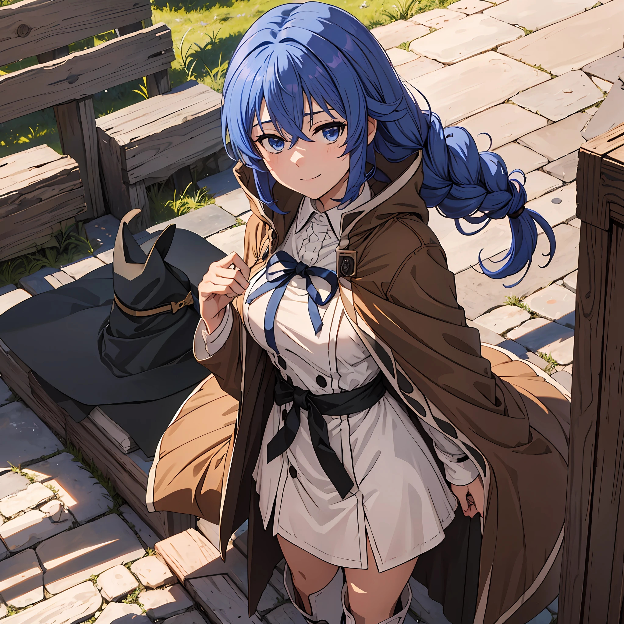 nsfw 1 girls, Roxy Migurdia, Witch Hat, Blue eyes, Blue hair, Twin braids, Twin-tailed, (Brown coat:1.1), Cape, robe, braided ponytails, knee boots, Witch, Holding, , Black socks, Hair Ribbon, bow ribbon, Looking at Viewer, sox, Smile, Closed mouth, plein air, Sun,, (masutepiece:1.2), hight resolution, Best Quality, 8K, Very clear random pose