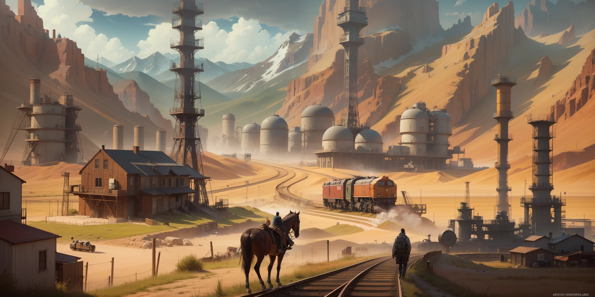 Faraway view，Wide screen，European and American illustration style，Westworld，Game scene concept art，desolated，Oil exploration，Oil rigs，pipelines，Modern scene，Small towns，railroad tracks，Steam trains，Towering chimneys，gigantic mountains，Dry meadow，Skysky，High-quality paintings，GameCG，Game concept art，3A masterpiece，ultraclear，8K