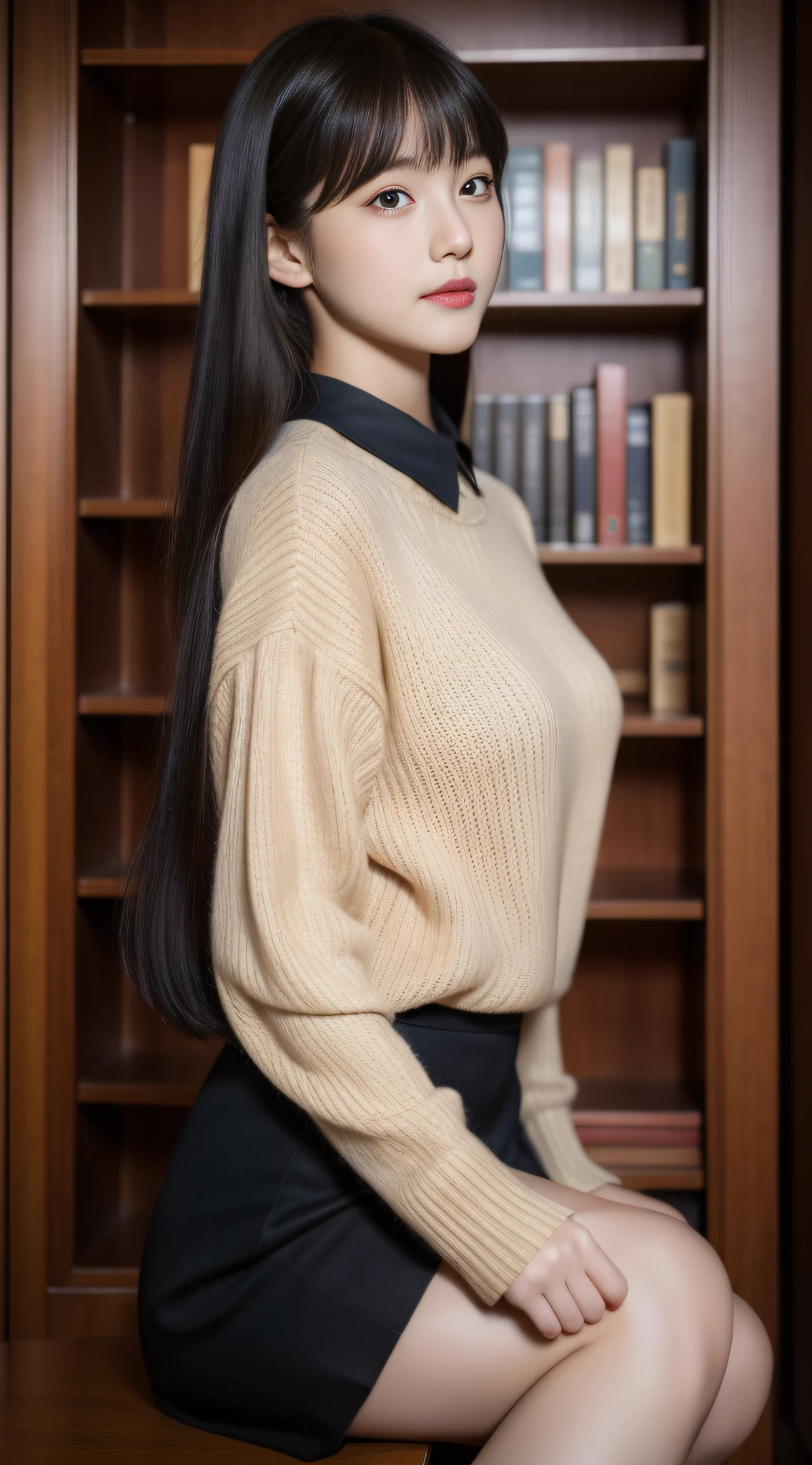 best qualtiy,tmasterpiece,photograph realistic,The half-body photographed a beautiful beauty in uniform,stocklings,beautifullegs,one-girl,独奏,In ultra-high resolution pictures,Perfect display of delicate facial features and plump and attractive body,Wear a short-sleeved sweater,JK skirt,Classroom Background,Books on the shelves,Face the audience elegantly,It seems to transmit some mysterious power,It's fascinating,8K,