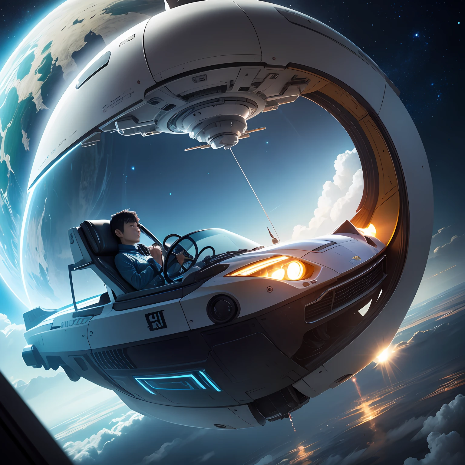 A sci-fi scene where Zhang Jie drives a spaceship in the sky。 --auto