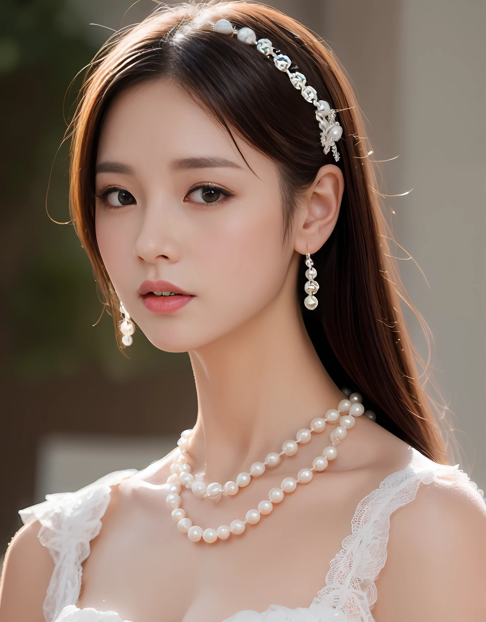 Bust of a beautiful Japanese girl with porcelain skin, rosycheeks, pink glossy lips, Wearing a ta dress and pearls. (8K, Best quality : 1.2), (Masterpiece, Photorealistic : 1.3), Super detail, Anatomically correct