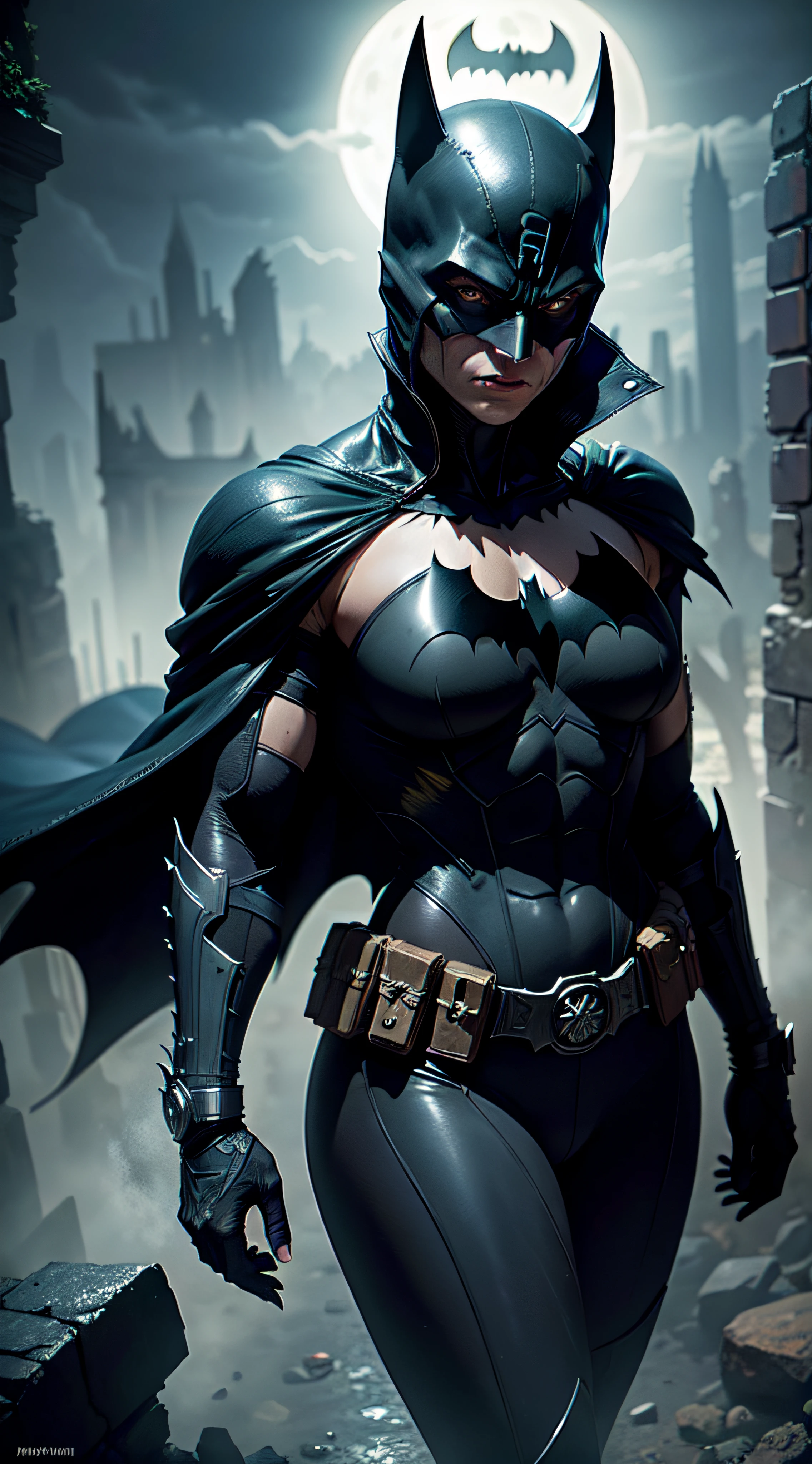Batman from the dark knight stands with hand gun imposing in a gothic lost city. Moonlight highlights your muscles and scars. The scenery is lush and mysterious, with futuristic tech and surroundings. The camera details everything, a warrior woman, in front of him.