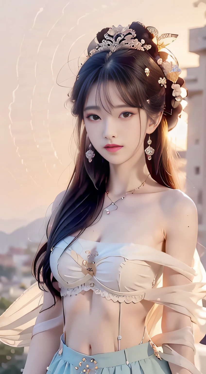 Bust photo, face close-up, face shot, a beautiful woman, messy hair, girly, symmetrical bun, hair accessories, jewelry, delicate face, (suspenders: 1.5), (high split lower skirt 1.7), (many patterns: 1.5), crop navel, open belly, Dunhuang style, a lot of streamers, delicate skin, soft light effect, delicate and smooth hair, delicate details, eye highlights, fair skin, fine portrayal, extreme details, cinematic quality, thin, slender, broken, hair details, thin bangs, shawl hair, right body, shadow, air bangs, 8K, super fine, fine fabric texture, soft, smooth, smooth texture, ((Dunhuang style)) )))), delicate patterns, correct hand painting,
