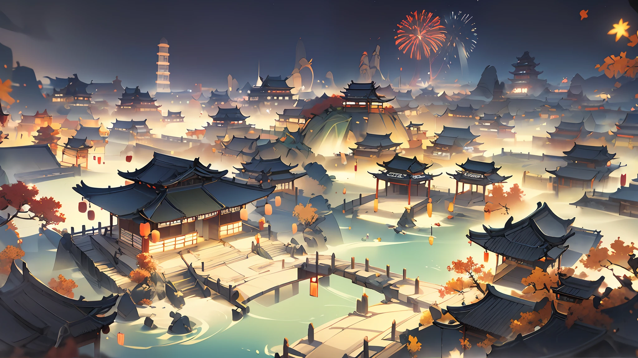 Ultra Wide Angle, Panorama, (Ancient Chinese Streets, Chinese Tang Dynasty Towns), Sleepless Nights, Starry Sky, Bird's Eye View, (Bustling Crowds, Streets Hung with Red Lanterns, Fireworks in the Sky), (Illustration: 1.0), Epic Composition, Realistic Lighting, HD Detail, Masterpiece, Best Quality, (Very Detailed CG Unity 8k wallpaper), Clay texture, Clean background, Natural light, Best quality, Ultra Detail, 3D Art, C4D, OC Renderer, 3D Rendering, 8K