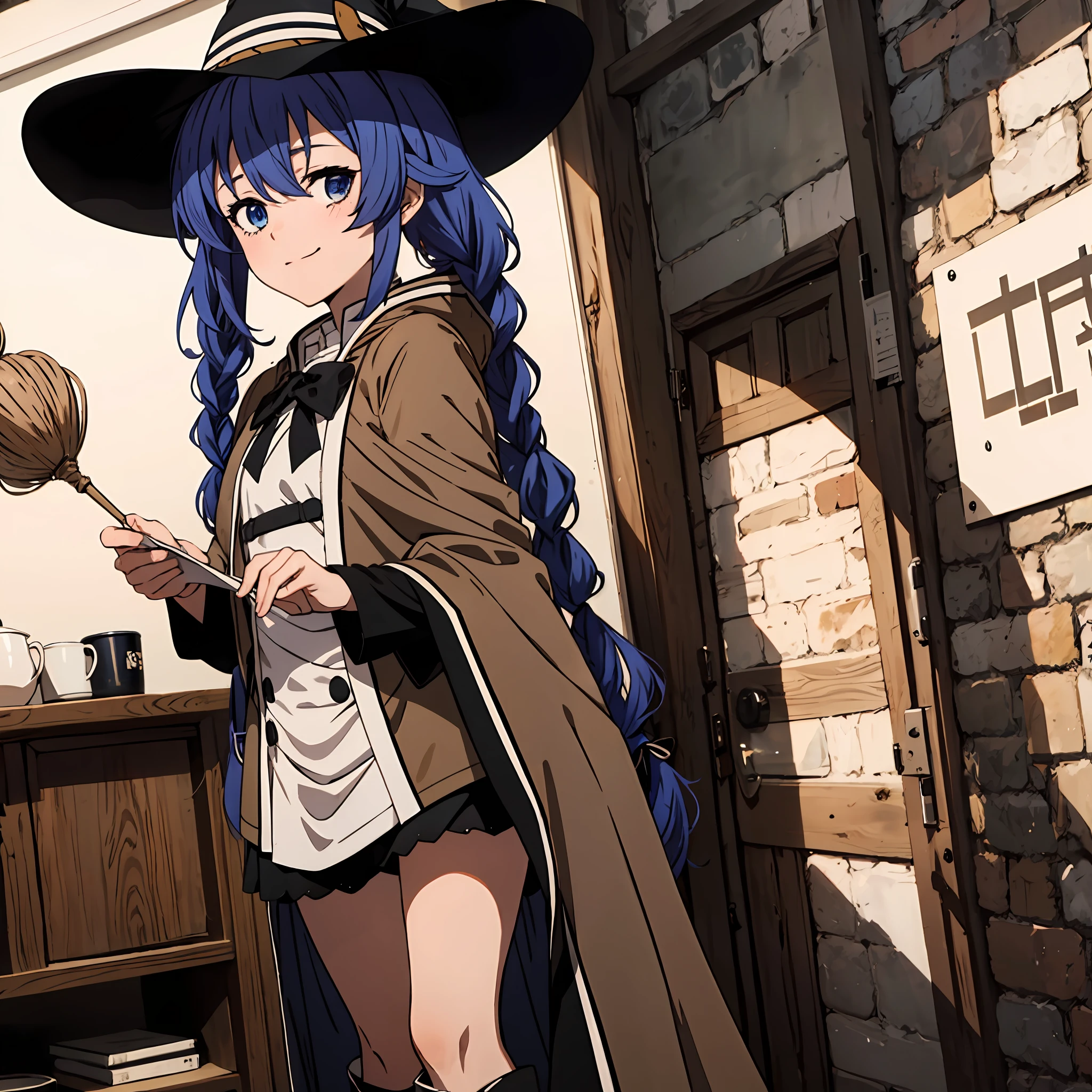 nsfw 1 girls, Roxy Migurdia, Witch Hat, Blue eyes, Blue hair, Twin braids, Twin-tailed, (Brown coat:1.1), Cape, robe, braided ponytails, knee boots, Witch, Holding, , Black socks, Hair Ribbon, bow ribbon, Looking at Viewer, sox, Smile, Closed mouth, plein air, Sun,, (masutepiece:1.2), hight resolution, Best Quality, 8K, Very clear random pose　beauty legs