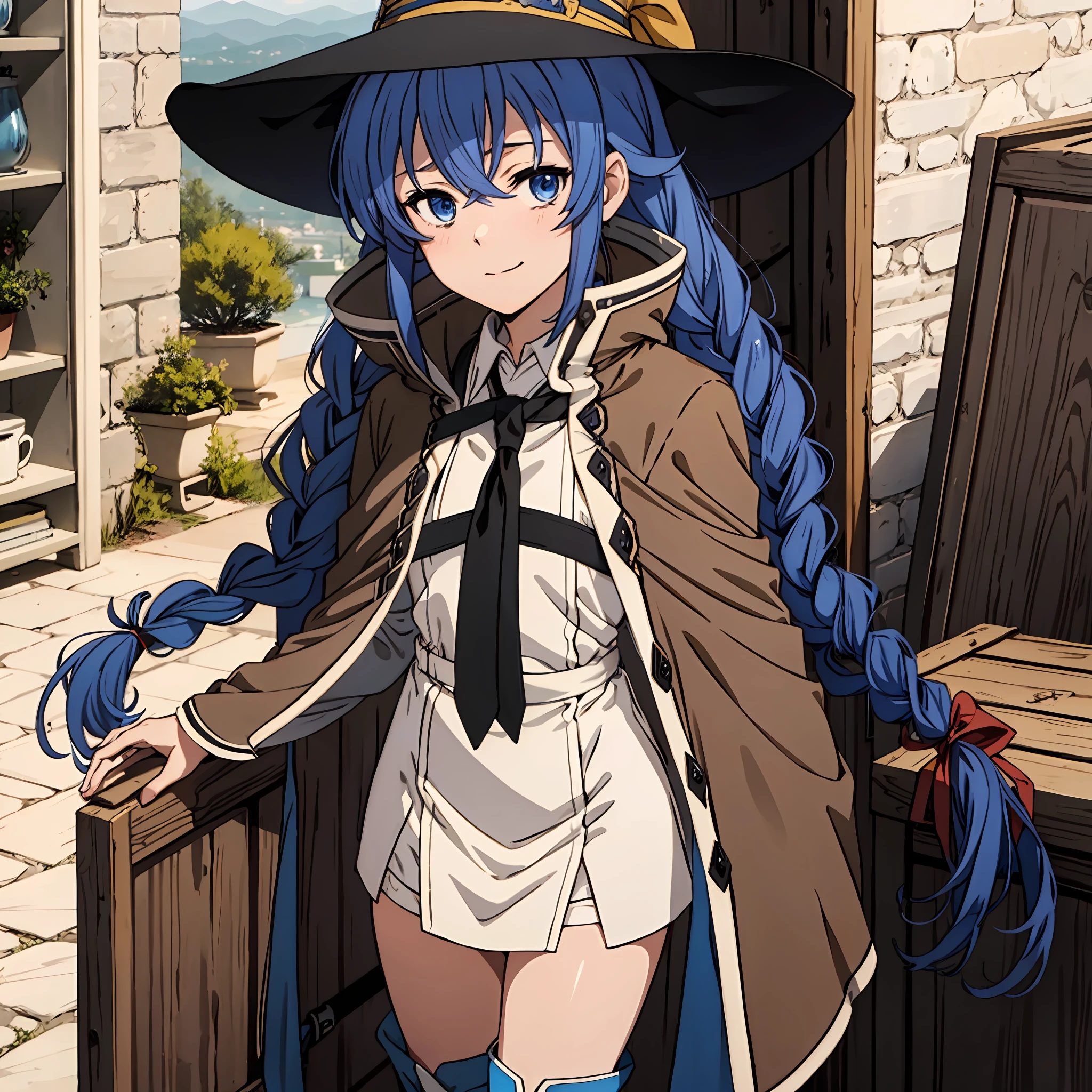 nsfw 1 girls, Roxy Migurdia, Witch Hat, Blue eyes, Blue hair, Twin braids, Twin-tailed, (Brown coat:1.1), Cape, robe, braided ponytails, knee boots, Witch, Holding, , Black socks, Hair Ribbon, bow ribbon, Looking at Viewer, sox, Smile, Closed mouth, plein air, Sun,, (masutepiece:1.2), hight resolution, Best Quality, 8K, Very clear random pose　beauty legs