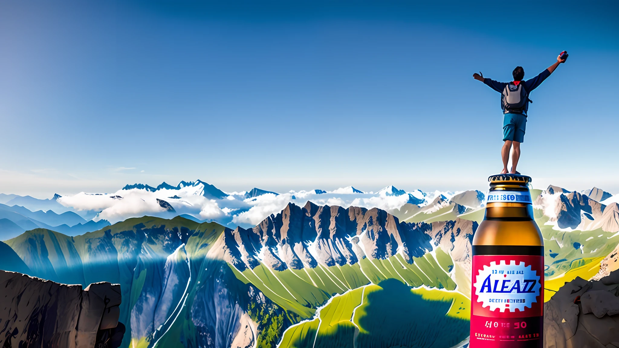 Alatz on top of the hill and a bottle of beer, High in the mountains, alps, High hills, sky high level of alcoholism, that is 1300 feet tall, peak experience ”, extreme panoramic, High altitude, Far view, High altitude, mont, beer commercial, on top of mountain