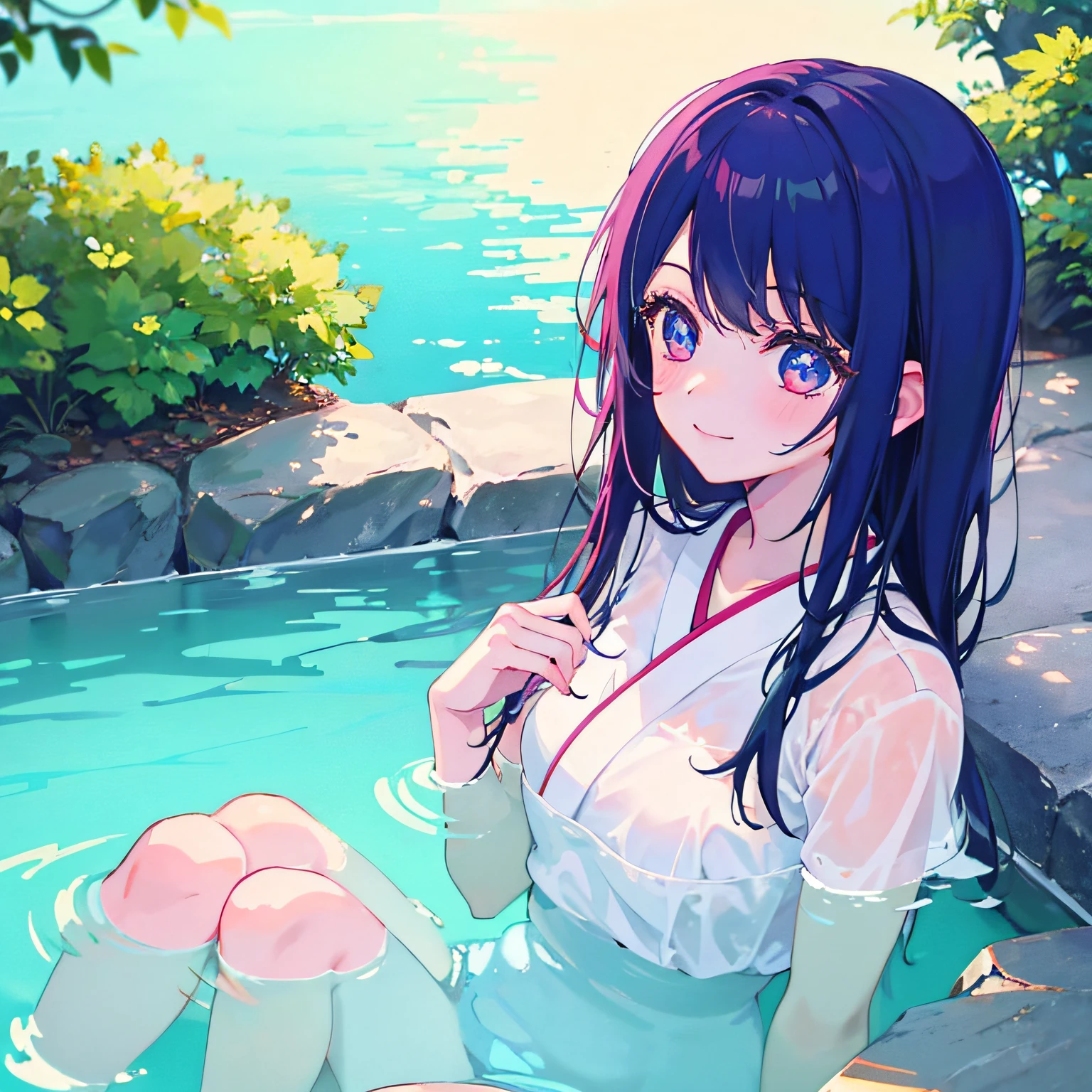 highr， Best quality at best， 1 girl solo， Kamisato_Ayaka， sitted， from the above， looking at viewert， Light smile， wading， Wet hair， natta， pool-side， Japan Onsen Kyosaku， Best quality at best， the wallpaper