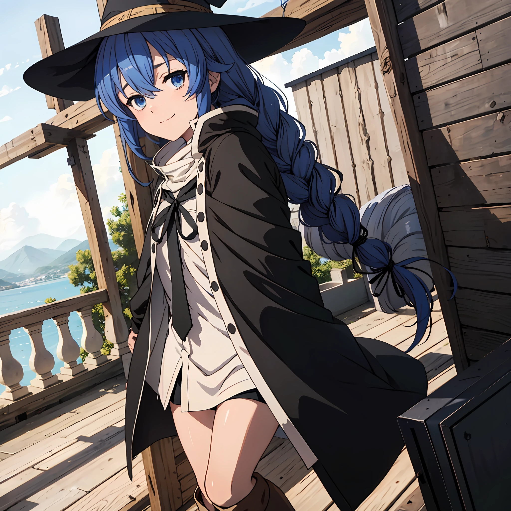 nsfw 1 girls, Roxy Migurdia, Witch Hat, Blue eyes, Blue hair, Twin braids, Twin-tailed, (Brown coat:1.1), Cape, robe, braided ponytails, knee boots, Witch, Holding, , Black socks, Hair Ribbon, bow ribbon, Looking at Viewer, sox, Smile, Closed mouth, plein air, Sun,, (masutepiece:1.2), hight resolution, Best Quality, 8K, Very clear random pose beauty legs