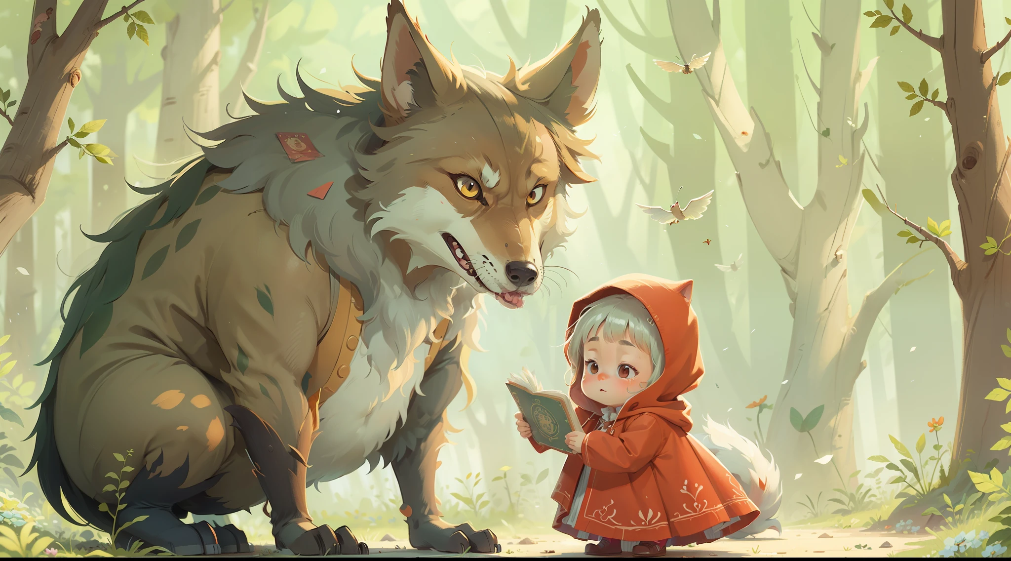 Fairy tale picture book, simple, style, cartoon, books, , Little Red Riding Hood and Grandma Wolf, illustration, best quality, super detail, high details, masterpiece, (big bad wolf wearing grandma's clothes:1.2)
