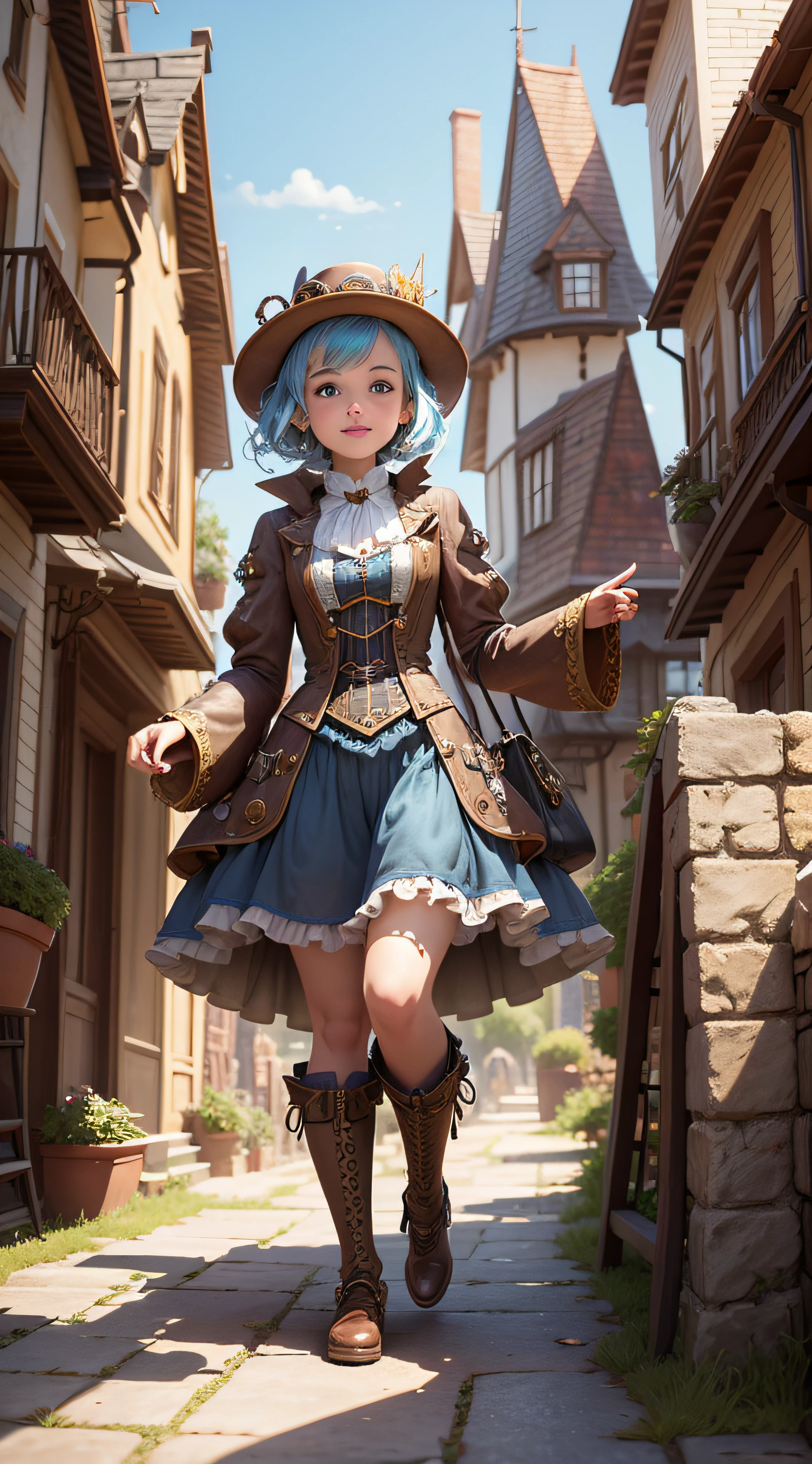 Step into a charming world of wonder, where a whimsical 3D-rendered steampunk town emerges from a fantastical storybook, characters dressed in peculiar costumes engage in thrilling adventures, and a sense of childlike excitement fills the air, White Background, Artwork, combining steampunk elements with playful colours and elaborate textures, --ar 9:16 --v 5.