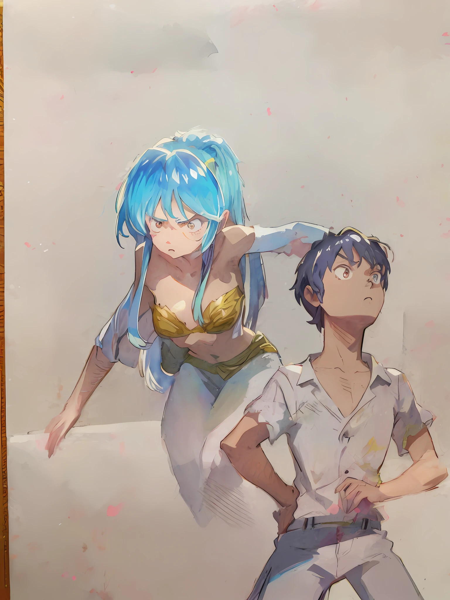 Anime characters standing next to each other on a table, 2 d anime style, 2d art, 2 d art, vintage 7 0 s anime watercolor, by Kentaro Miura, 2 D Anime, Anime Painting, painted in anime painter studio, manga painting, by Kamagurka, cel shaded anime, by Narashige Koide、Woman angrily turns her face away from a man