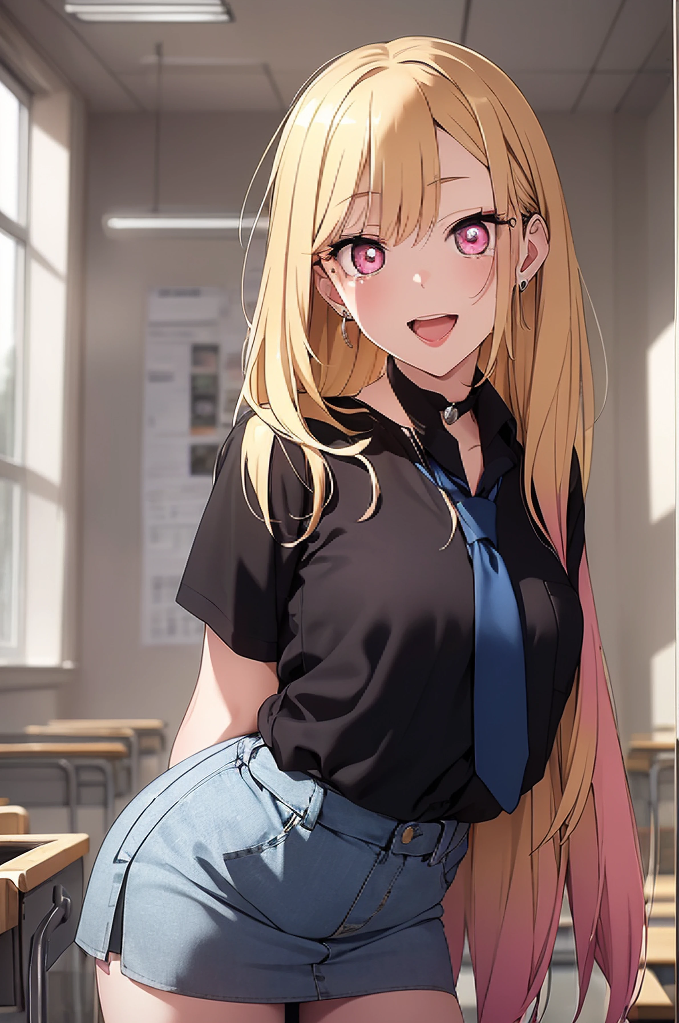 4k, raw camera, highres, masterpiece, portrait, aesthetic, beautiful, best quality, highly detaile, best quality clothing, aesthetic clothings, professional angle, rule of thirds, Feminine, delicate, beautiful, 19 years, attractive, solo, 1 girl, (Marin Kitagawa), (In the Classroom), (Upper body), ((From Front, From Down)), (students in the background), ((Very Happy)), (Long Hair, Blonde Hair, Very Straight Hair, Pink Tips Hair, - in hair), (Open Eyes, Dark Pink Eyes, Black Eyelinerin Eyes, Very Cheerful Gaze), Soft, (Blushed), ((Standing, Leaning forward)), Piercings in ear, black chocker, Pink Lips, (Open mouth, Happy Mouth), (Natural Lips), (Average Bust), ((hands behind the back, arms behind the back)), (School White Shirt, Rolled up Sleeves, Tied Shirt, Skirt Gray Denim Plaid, Necktie, - Clothing), (V Neckline), beautiful body, beautiful eyes, shiny eyes, shiny hair, beautiful mouth, beautiful lips, beautiful face