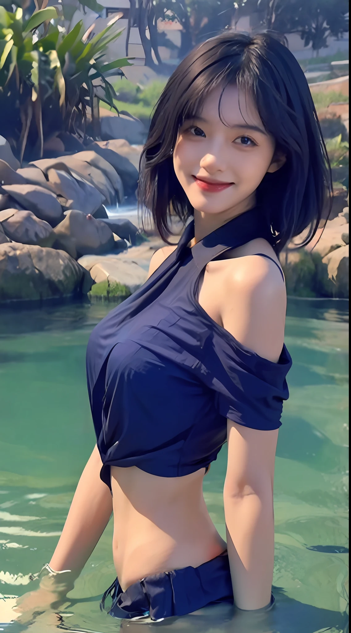 A woman in a bikini poses for a photo，dark blue shirt，Very short dark hair，it's lovely！！！，Summer sun，beautiful symmetric body，In the water all the way to her shoulders，With a beautiful smile，Black hair，beauitful face，Blue rose，An AI-generated image