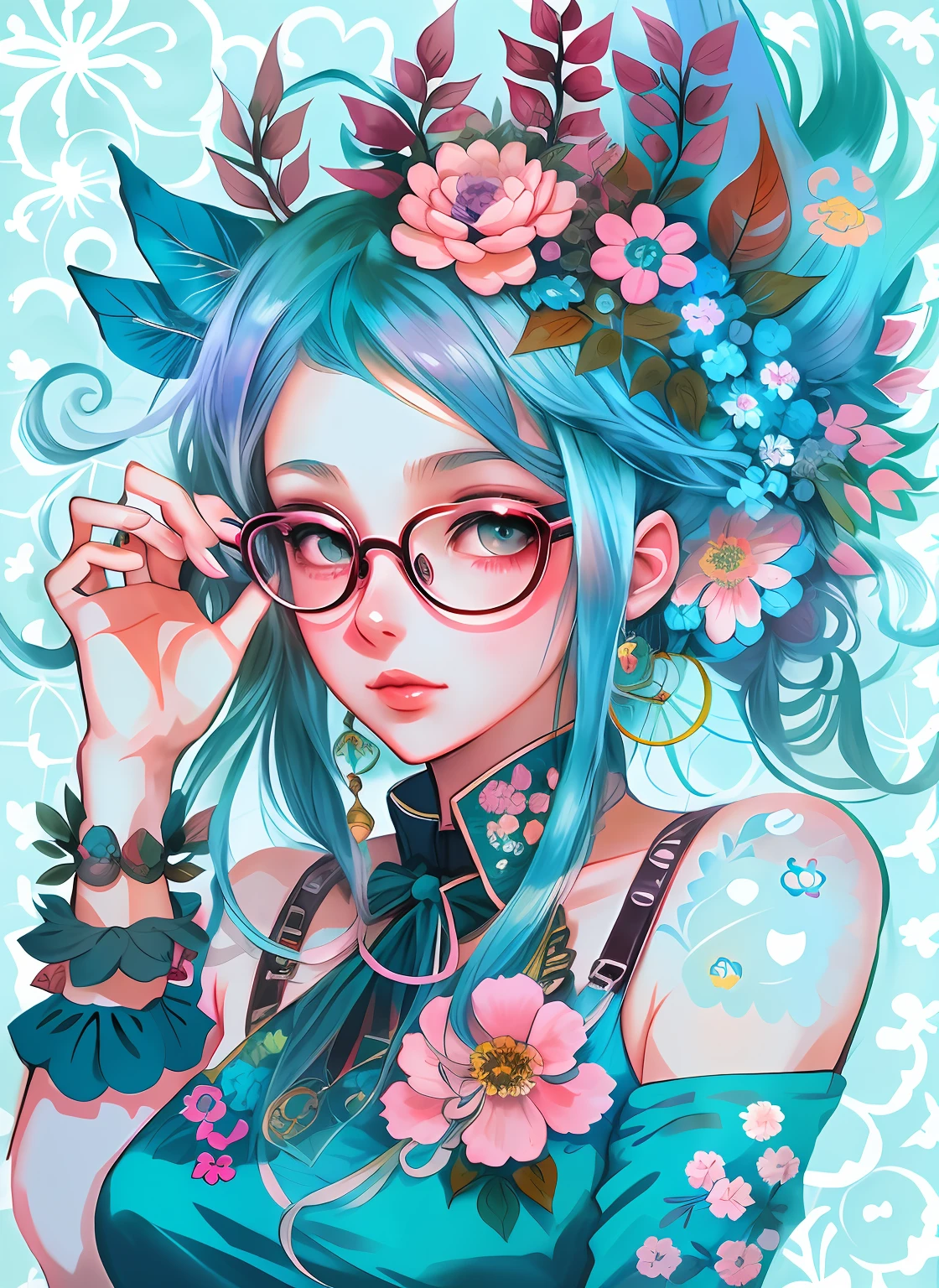drawing of a woman with blue hair and glasses with flowers in her hair, 2 d anime style, decora inspired illustrations, inspired by Yumihiko Amano, anime girl with teal hair, anime style portrait, beautiful anime art style, portrait of jinx from arcane, manga art style, anime style illustration, anime art style, anime style art, anime styled