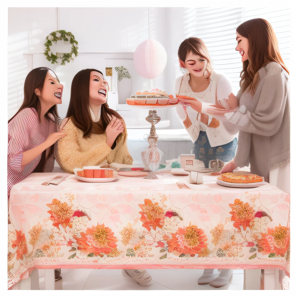 Three women sit at a table themed around baby baptism, Decoration, tablecloth,, hight decorated, advertisement picture, digitally drawn, highly detailed scenario,  Patterned, Cheerful ambiance, playful and cheerful, decor, Cute woman, romantic motifs, enjoyable, Fancy, Lovely, Wonderful, A table full of candy, HD face