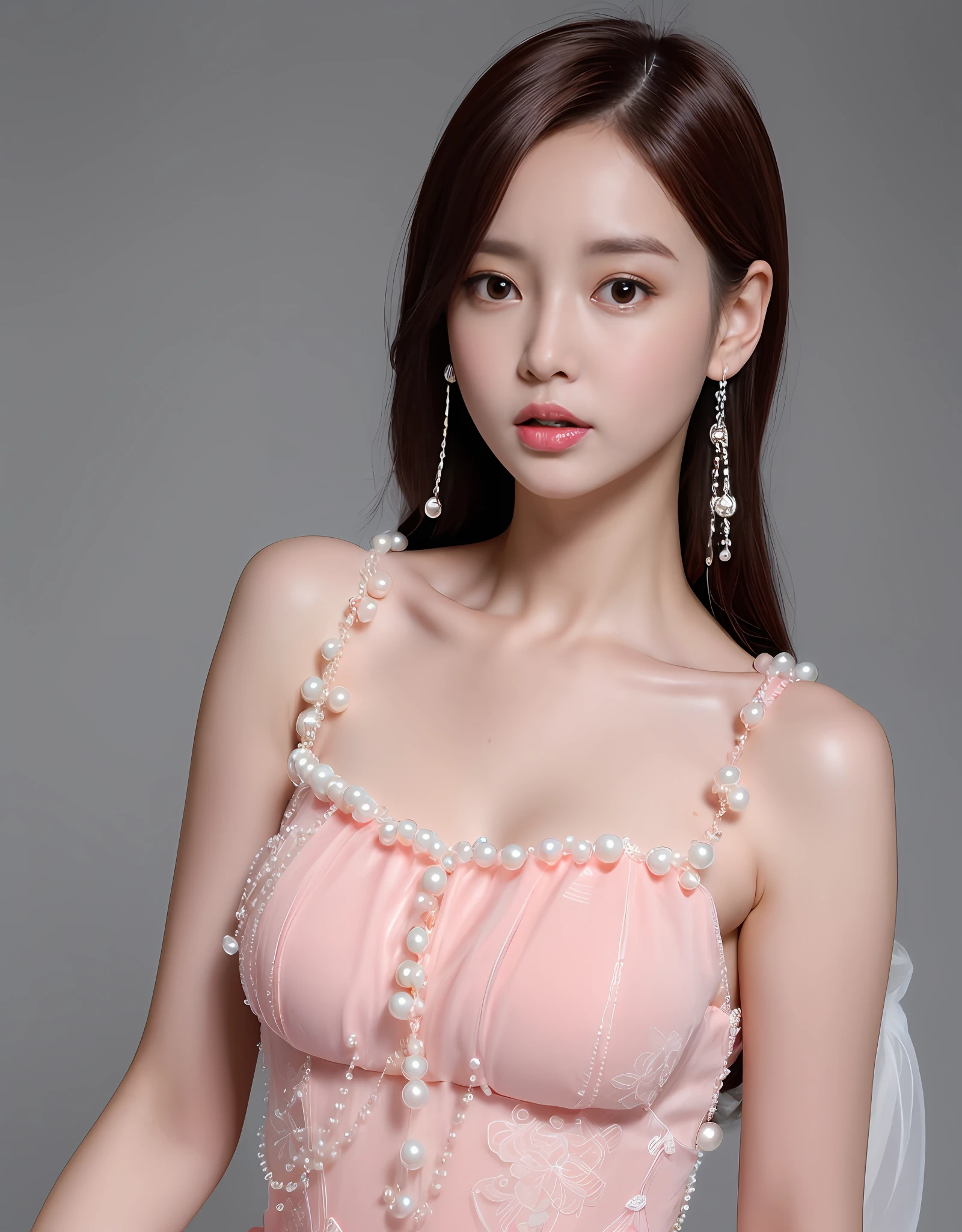Bust of a beautiful Japanese girl with porcelain skin, rosycheeks, pink glossy lips, Wearing a Lolita dress and pearls. (8K, Best quality : 1.2), (Masterpiece, Photorealistic : 1.3), Super detail, Anatomically correct