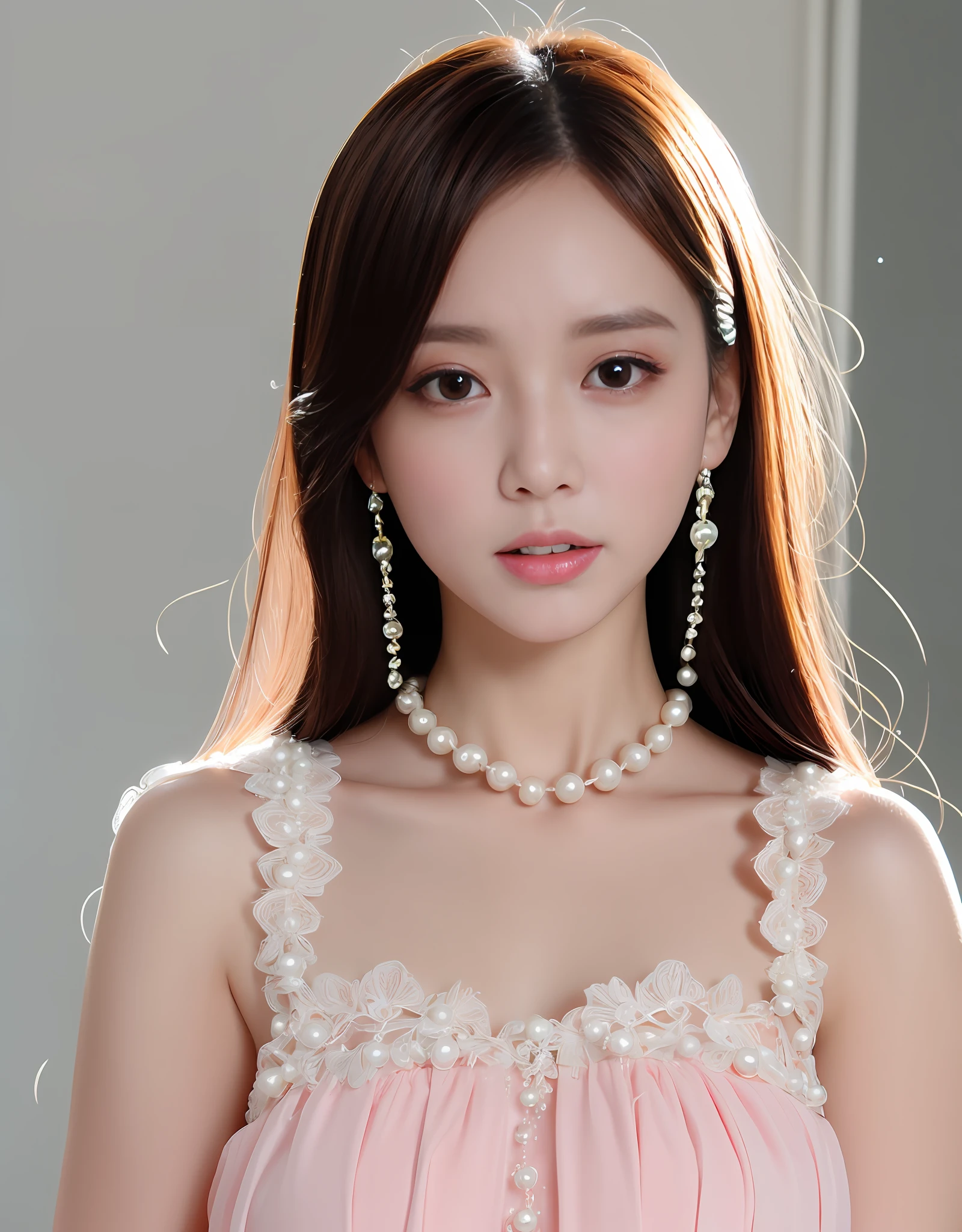 Bust of a beautiful Japanese girl with porcelain skin, rosycheeks, pink glossy lips, Wearing a Lolita dress and pearls. (8K, Best quality : 1.2), (Masterpiece, Photorealistic : 1.3), Super detail, Anatomically correct
