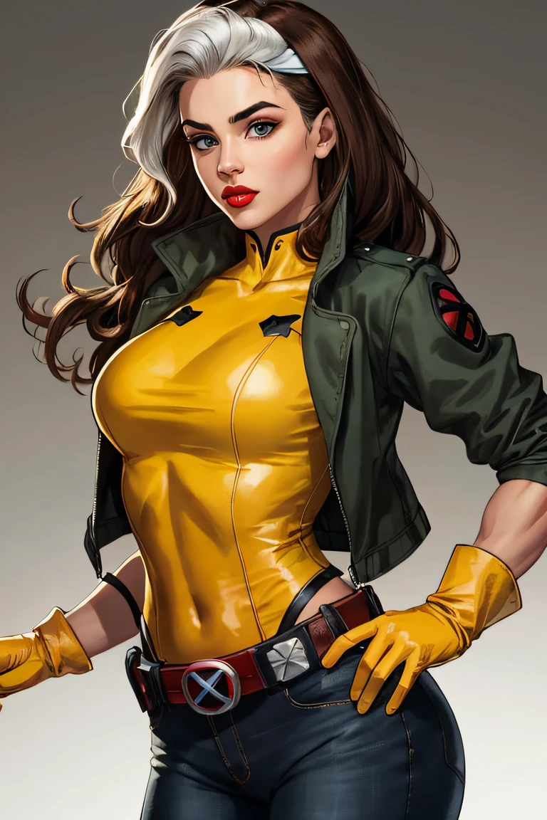 Rogue, Classic, Superhero, Southern Belle, looking at viewer, voluptuous, parted lips,belt, lips, covered navel, makeup, headband, lipstick, multicolored clothes, buckle, belt buckle, red lips, yellow gloves, specular highlights, Rogue of the X-men, nice hands, dynamic angle, dynamic lighting, side lighting, rim lighting, (daisy dukes), (cowboy hat), jacket, no background, simple background