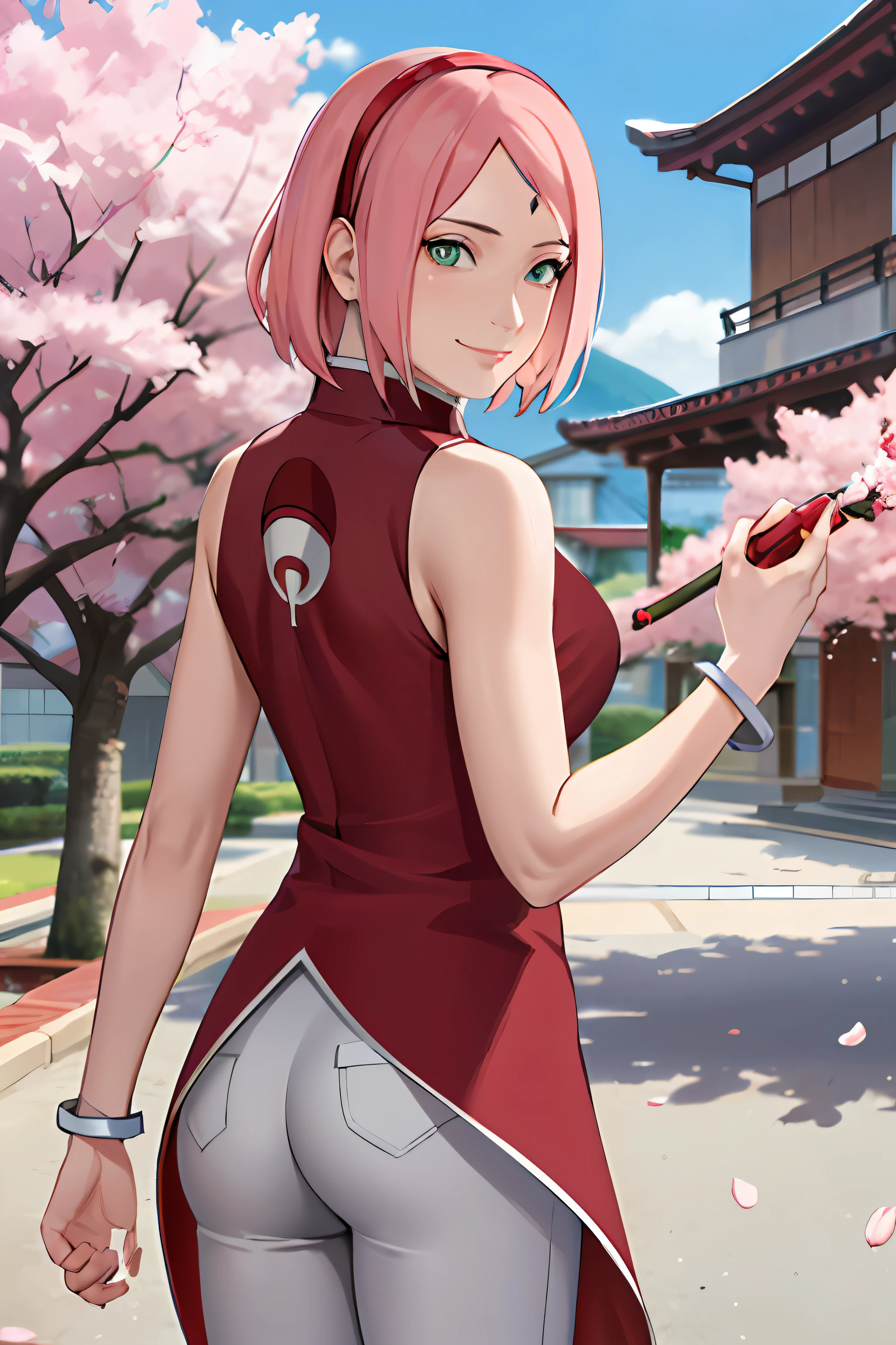 masterpiece, absurdres ,1girl, haruno sakura,forehead mark, red hairband, red sleeveless dress,bracelet, from behind, white pants, (uchiha crest), looking at viewer, outdoor, cherry blossoms, floating hair, smile, cowboy shot,