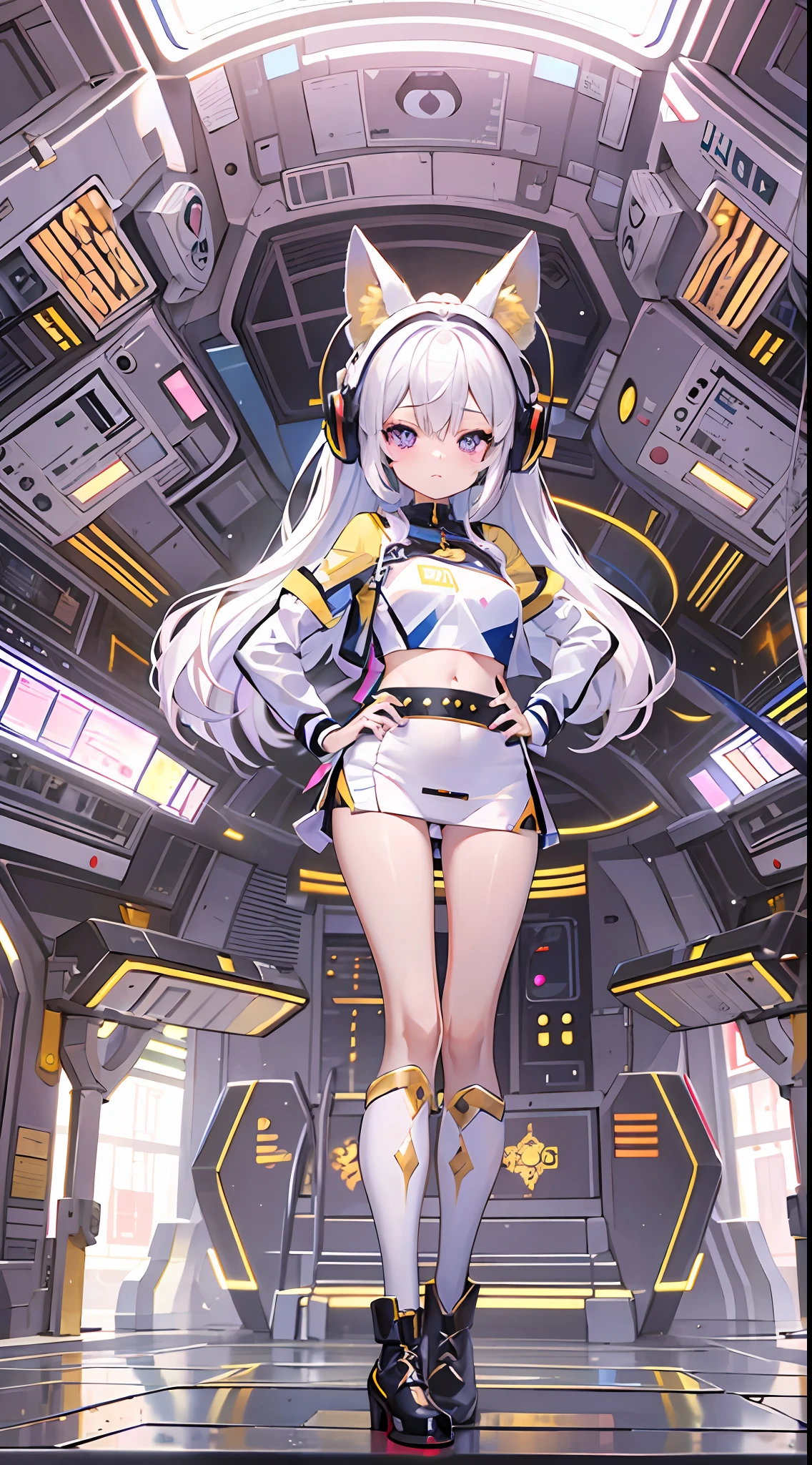((Masterpiece)), best quality, absurderes, ultra detailed, holographic, cowboy shot, dynamic pose, golden ratio, super cute girl, mature girl, extremely beautiful, super beautiful asian girl with super beautiful violet eyes, super beautiful white hair, shiny skin, high ponytail, nice and sexy body, slim and delicate body, perfect body, wearing a super tight printed white crop top, kawaii panties, fox headset, being photographed in a kawaii alien spaceship