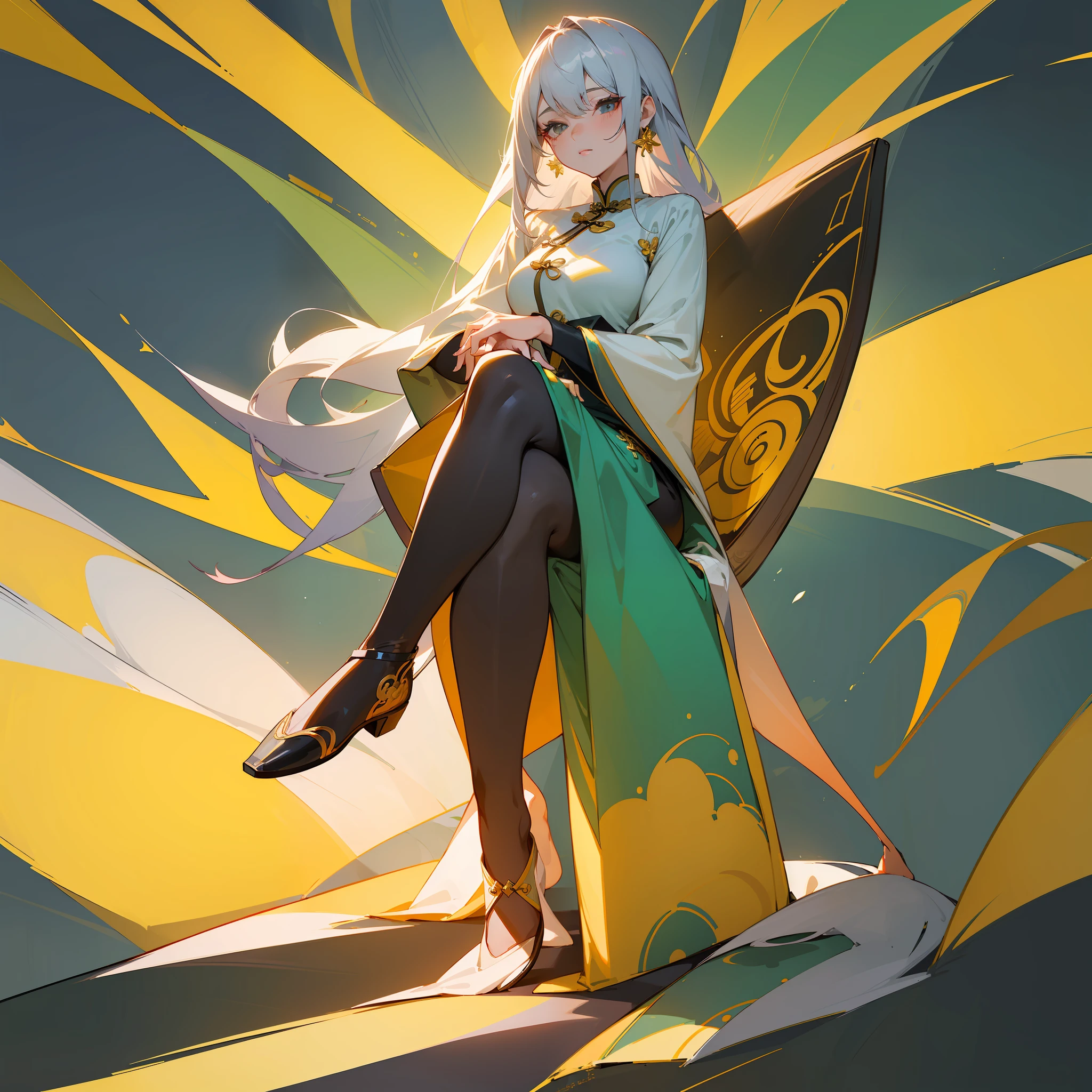 ((masterpiece)),(((best quality)))，A young girl in a cheongsam，white backgrounid，Gray hair，The character is full-body，Sit Pose，blacksilk，The green cheongsam has gold accents on it， Realistic illustration, drawn in anime painter studio, made with anime painter studio，Original Drawing