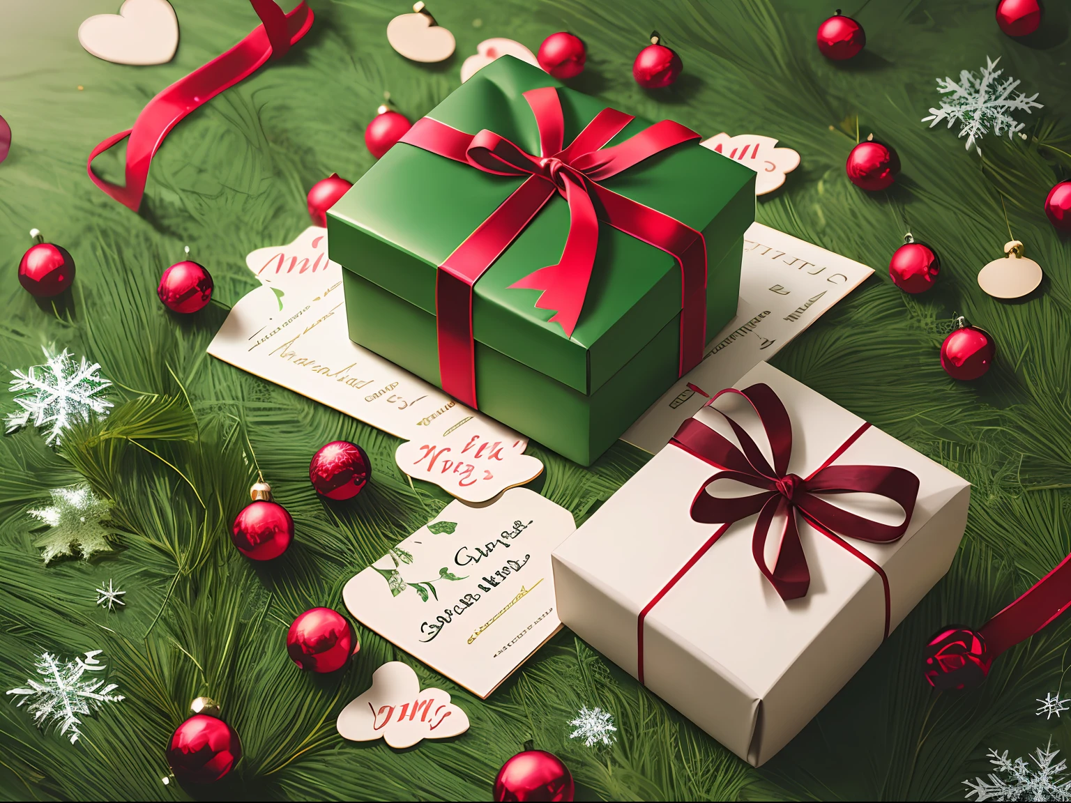 Christmas poster,Green atmosphere,Gift box ribbon,romantic atmoshere,Real shooting,high-quality photo,Still life shooting,romantic atmoshere,poster for,E-commerce,8K high quality