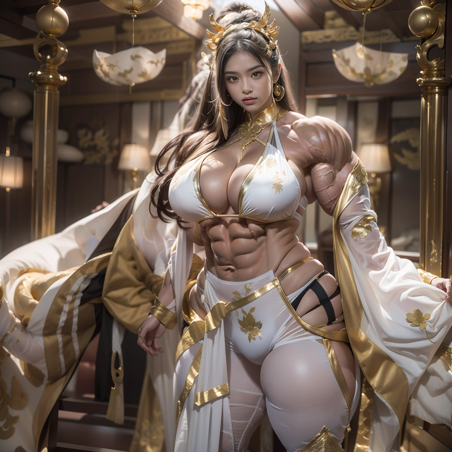 In the room is an ancient Chinese woman dressed in a white bikini and an elaborate Han costume embroidered with gold decorations，poses in the room, Amazing appearance，Super beautiful eyes，Feminine face，Very beautiful. Big muscles, exaggeratedly large physique, huge muscle, Thick body, absurdly massive physique, powerful and huge, strong and imposing, bodybuilder superhero bikini, giant stunning goddess shot, Large muscles, Big muscles, hyperrealistic full figure, Huge muscles, thicc, beautiful thick female，（super high precision，realisticlying，Best picture quality，High fidelity），（8K full size，Main image，The picture is excellent），（physically-based renderingt，automatic white balance，Global illumination effect）