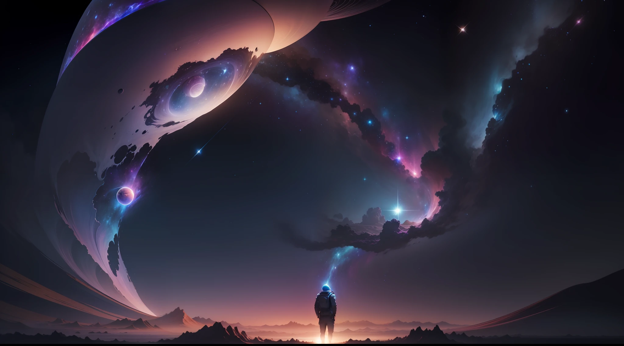 "Create a visually stunning wallpaper titled 'Celestial Serenity.' This artwork should portray a mesmerizing night sky that transcends earthly limitations, revealing a realm of celestial wonders. The vast backdrop must showcase an ethereal galaxy stretching across the expanse, adorned with shimmering stars of various sizes and hues, glistening like cosmic diamonds.

Include a resplendent nebula gracefully weaving through the scene, casting vivid hues of deep blues, vibrant purples, and celestial pinks. The tendrils of the nebula should delicately embrace the stars, alluding to the mystical forces of creation that govern the universe.

In the foreground, place an awe-inspiring celestial body radiating an enchanting glow, illuminating the surrounding space. It could be a distant planet, an undiscovered moon, or a fantastical celestial object born from the depths of the artist's imagination.

Within this cosmic beauty, incorporate a lone astronaut suspended in space, dressed in a futuristic suit that reflects the illumination of the celestial body. The astronaut's visor should offer a glimpse of their expression, capturing the sense of wonder and awe at the universe's splendor.

At the bottom of the artwork, add a serene cosmic ocean that stretches towards the horizon, reflecting the glimmering stars above. Gentle ripples of light should play upon its surface, contributing to an overall sense of tranquility.

The composition of the wallpaper should inspire viewers with a spirit of cosmic exploration, wonder, and peace. The blend of space's mystique and the lone astronaut's presence aims to encourage contemplation of their place in the vastness of the universe and the profound interconnectedness of all beings.