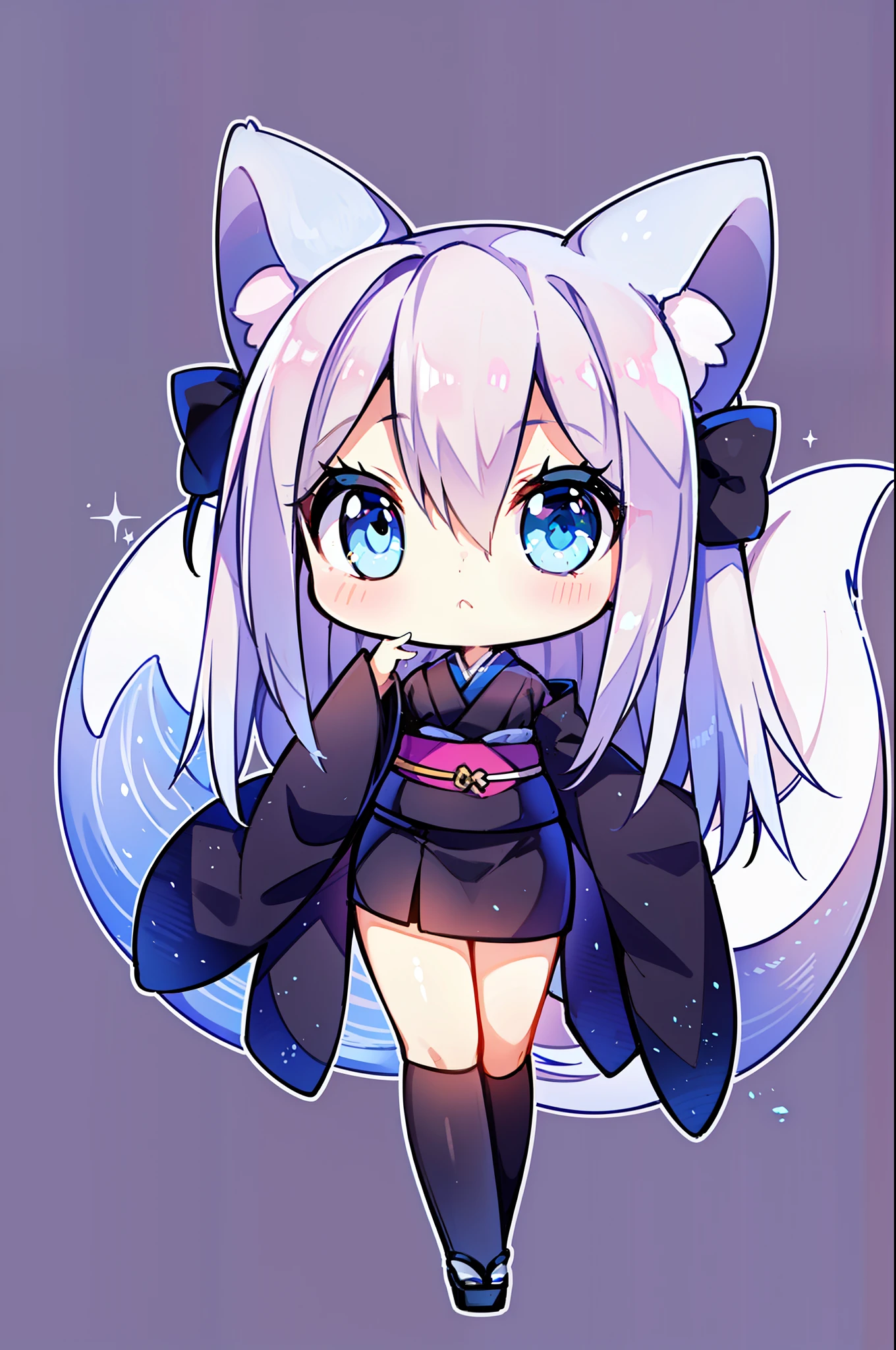 1 girl in、With long silver hair、long、Blue eyes、Beautiful eyes、Lustrous eyes、Bewitching face、Sexy look、(Black kimono)、Fox ears、Fox tail、Chibi、Looking at the camera、It is drawn from head to thigh、((High resolution of the highest quality))、(masterpiece best quality:1.2)、[[Bad face]], [[Fused fingers]]
