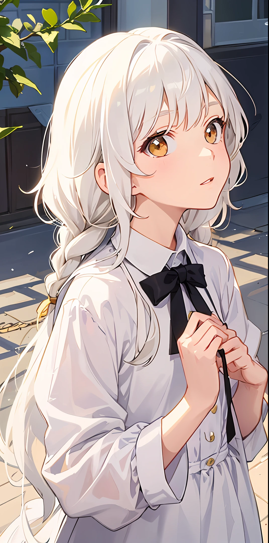 Excellent, masterpiece, white hair, golden eyes, white clothes, looking up, upper body, hair, fair skin, side braids, loli
