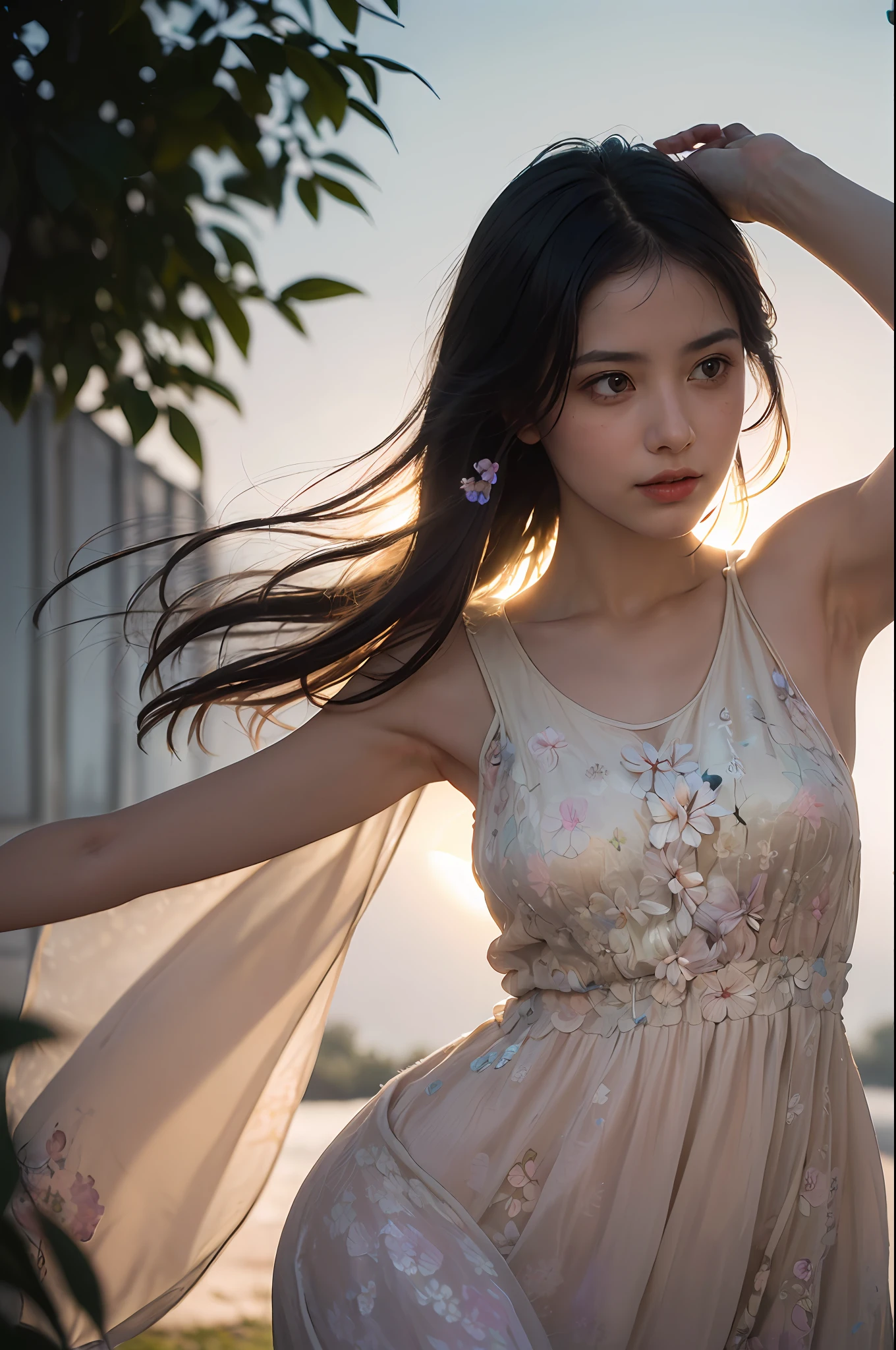 (1girl surrounded by soft_light:1.5), (backlighting:1.8), (lighting),(flowing fabric:1.3), ((Floral_summer_dress:1.5),(masterpiece), realistic, HDR, highly detailed, 8k, raw photo, showing armpit, ambient occlusion, natural, harmonious composition, warm tones, fine art photography,
